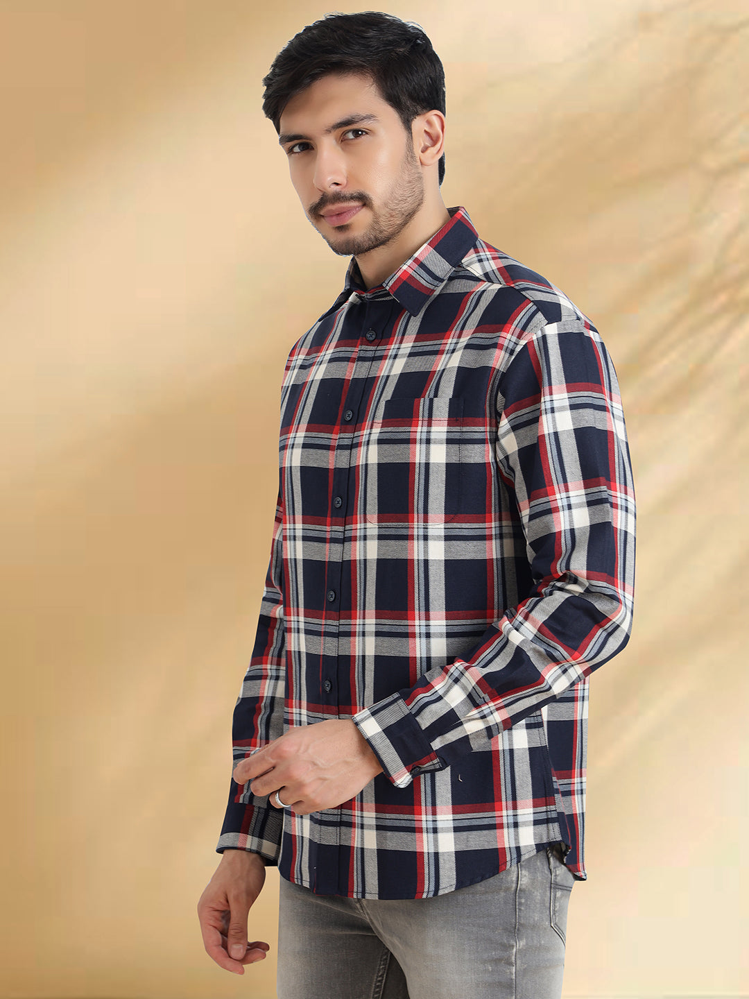 Men Navy, Maroon and White Checkered Classic Fit Smart Casual Shirt