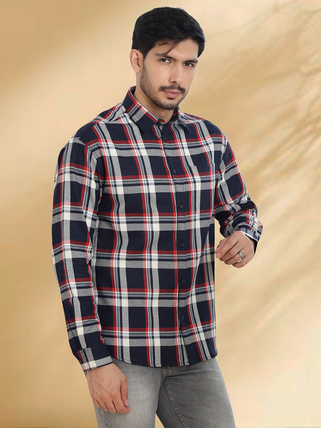Men Navy, Maroon and White Checkered Classic Fit Smart Casual Shirt