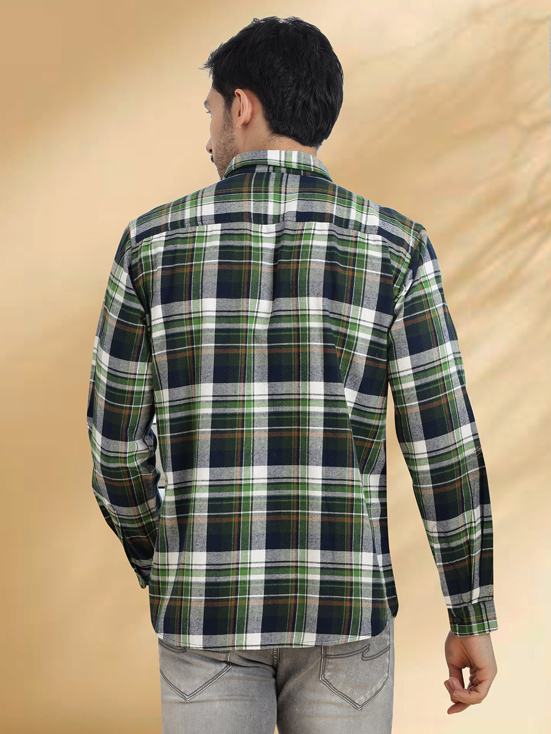 Men Brushed Flannel Dark Green, Navy and White Checkered Classic Fit Smart Casual Shirt