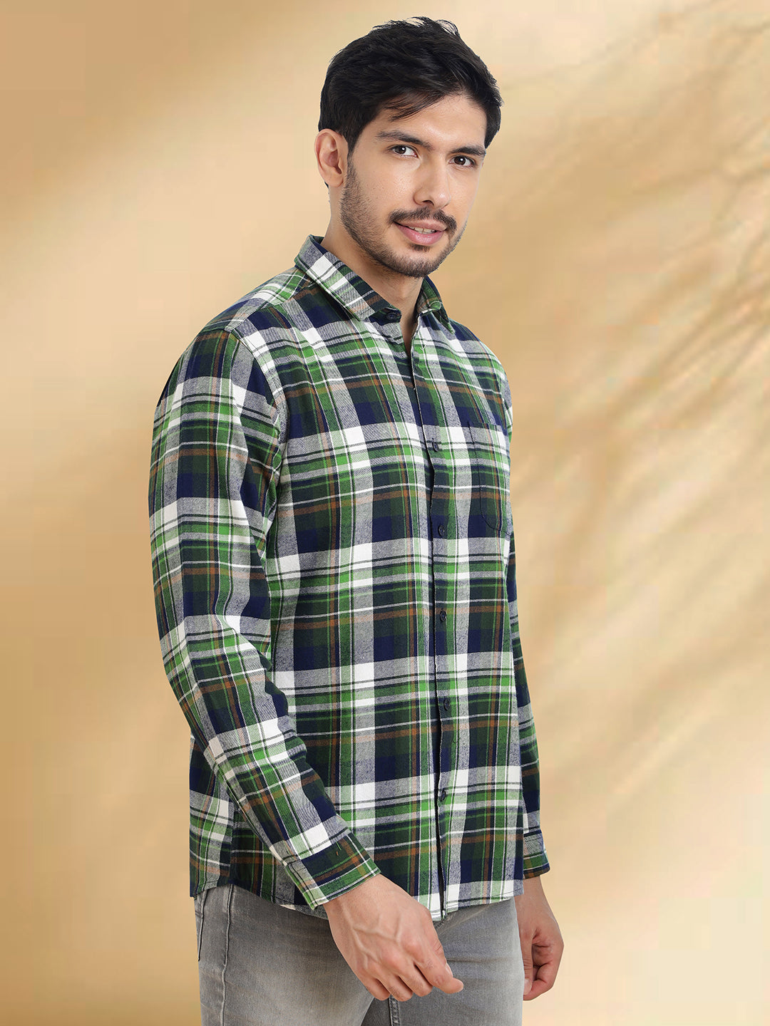 Men Brushed Flannel Dark Green, Navy and White Checkered Classic Fit Smart Casual Shirt