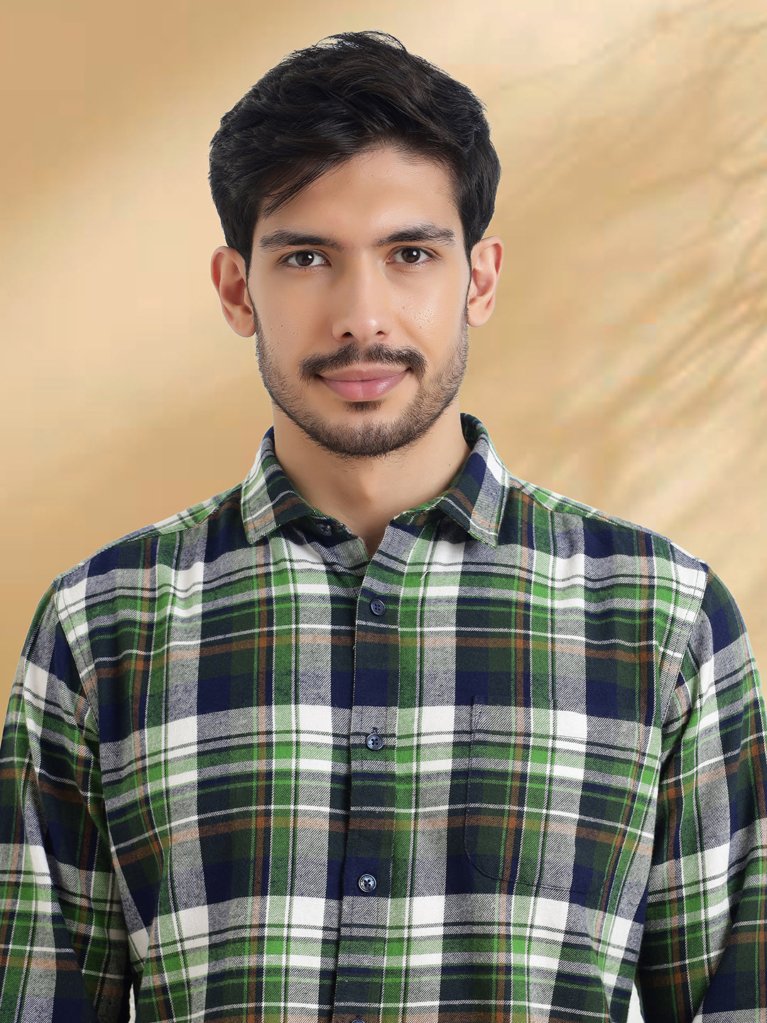 Men Brushed Flannel Dark Green, Navy and White Checkered Classic Fit Smart Casual Shirt