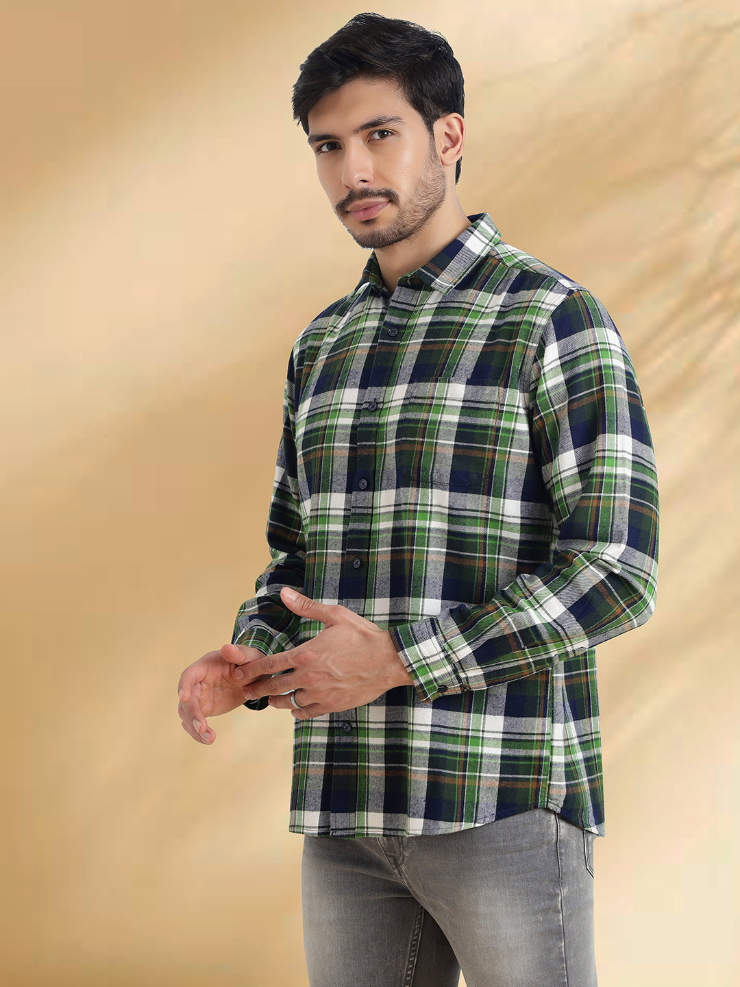 Men Brushed Flannel Dark Green, Navy and White Checkered Classic Fit Smart Casual Shirt