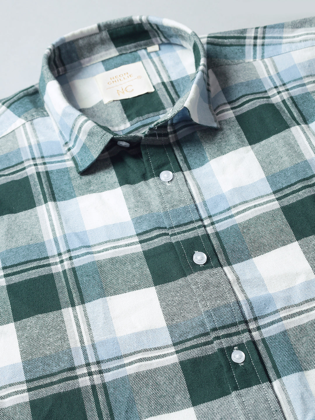 Men Brushed Flannel Sky Blue, Green and White Checkered Classic Fit Smart Casual Shirt