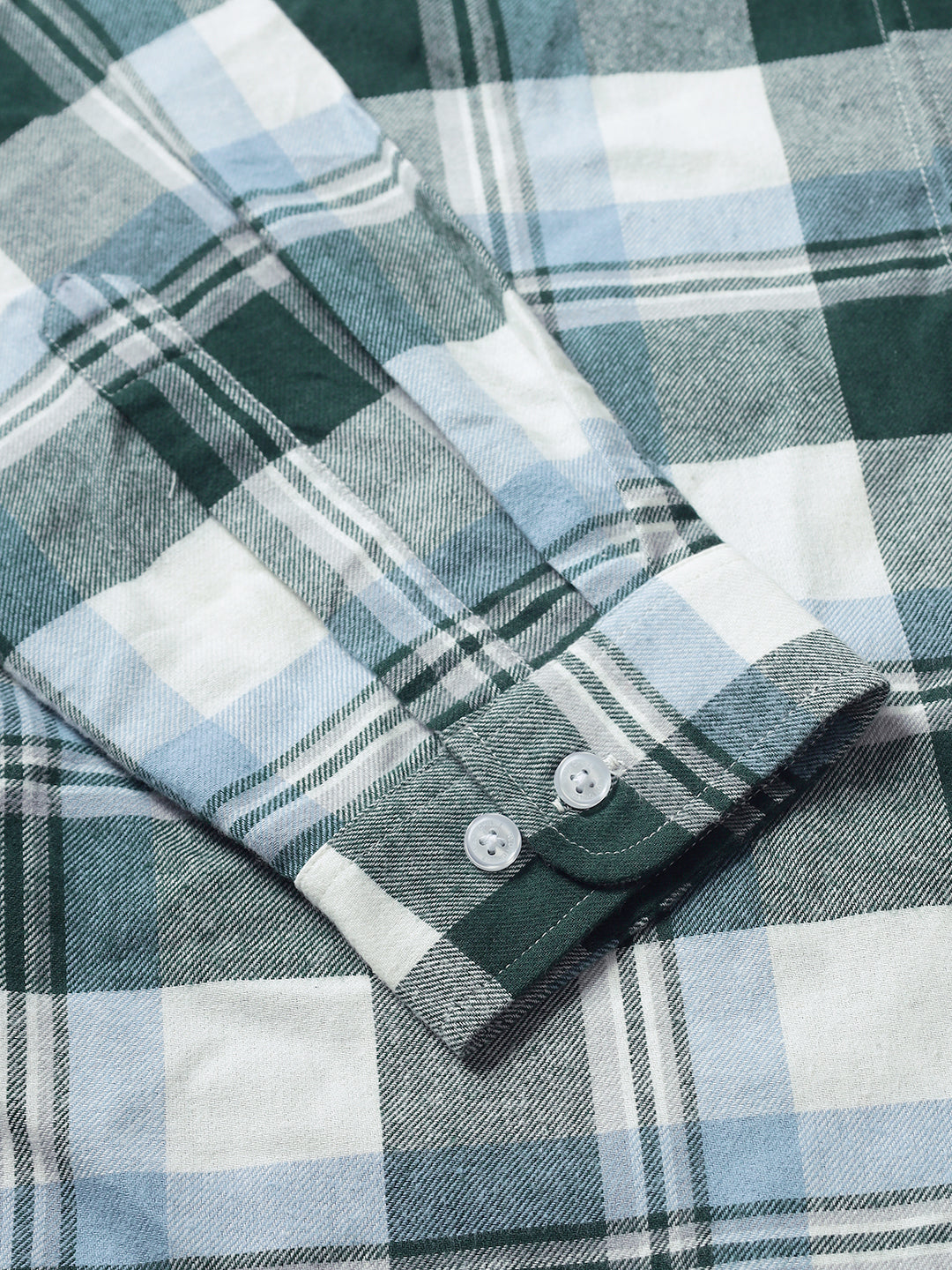 Men Brushed Flannel Sky Blue, Green and White Checkered Classic Fit Smart Casual Shirt