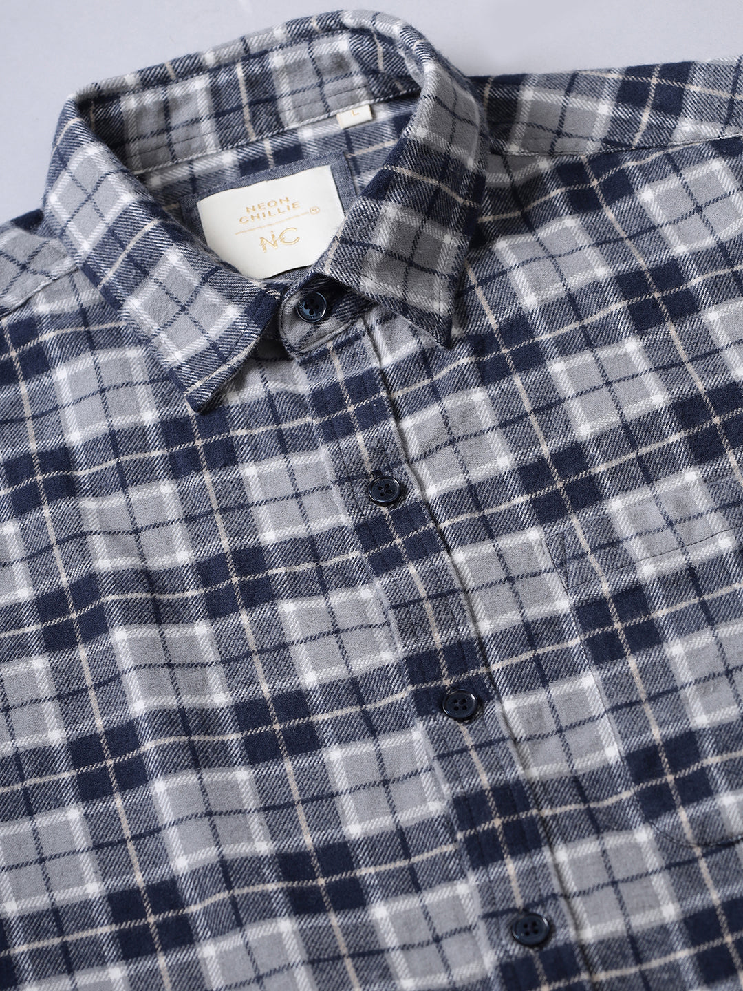 Men Brushed Flannel Navy, Grey and White Checkered Classic Fit Smart Casual Shirt