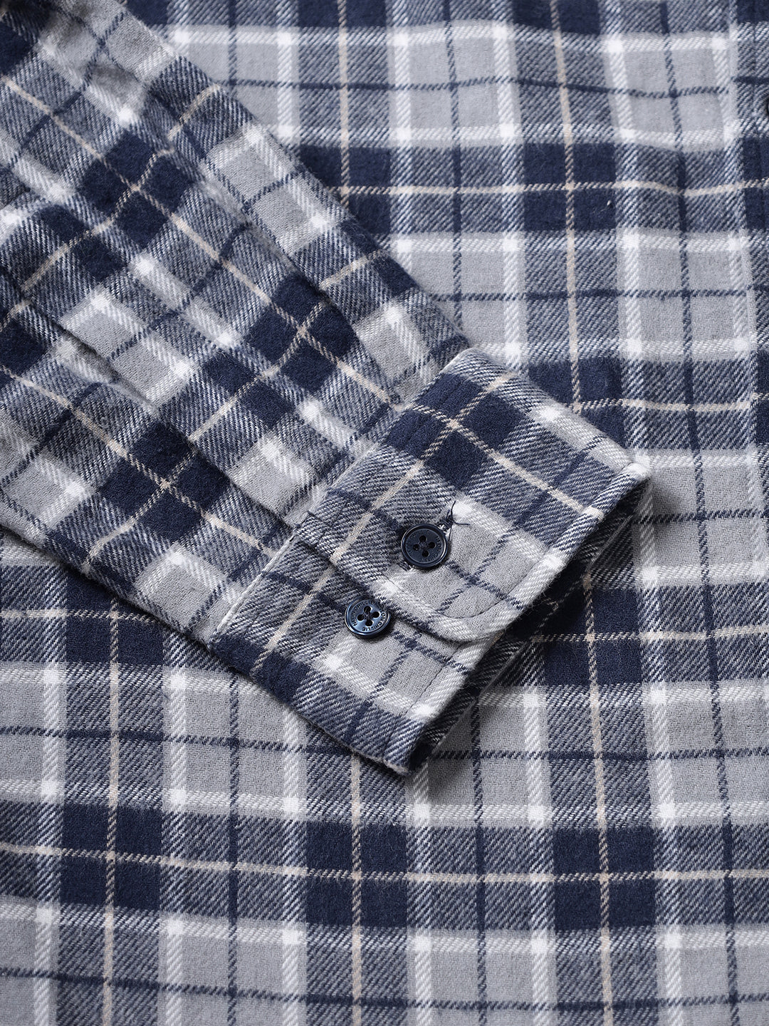 Men Brushed Flannel Navy, Grey and White Checkered Classic Fit Smart Casual Shirt
