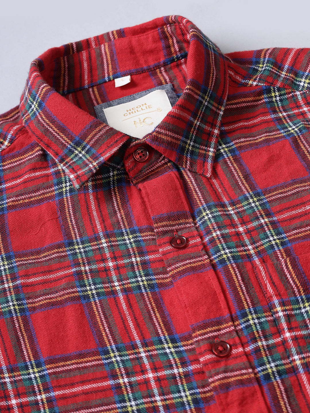 Men Brushed Flannel Red, Navy and White Checkered Classic Fit Smart Casual Shirt