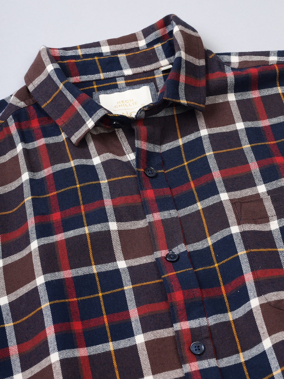 Men Brushed Flannel Navy Coffee and Maroon Checkered Classic Fit Smart Casual Shirt