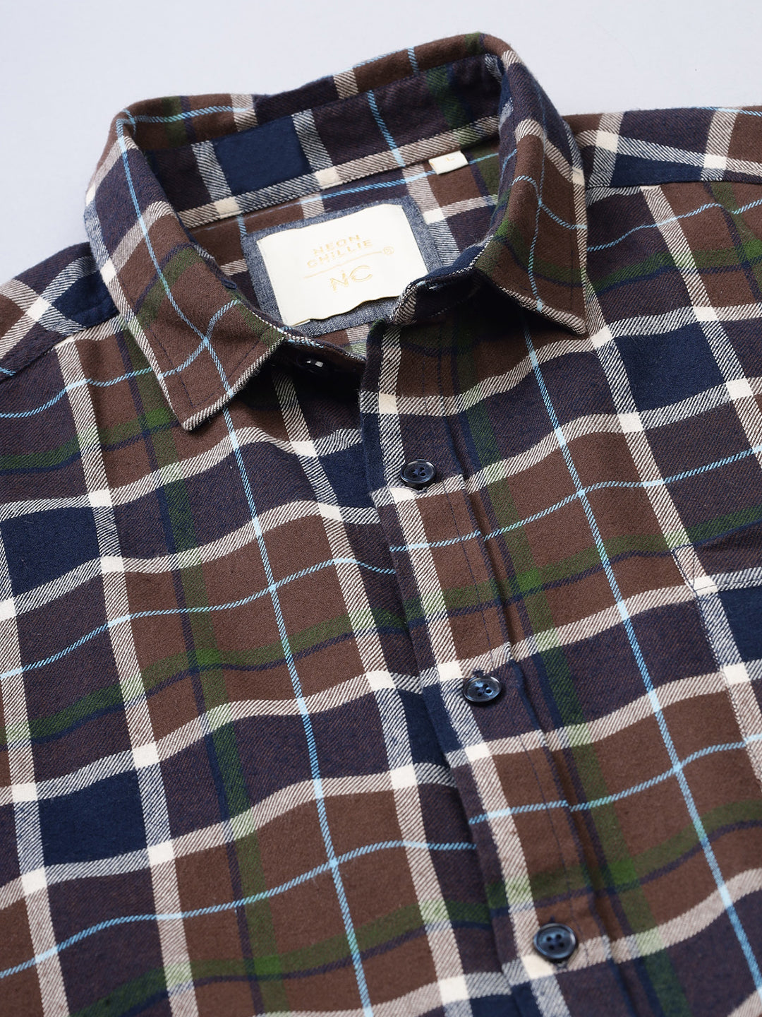 Men Brushed Flannel Navy Coffee and White Checkered Classic Fit Smart Casual Shirt