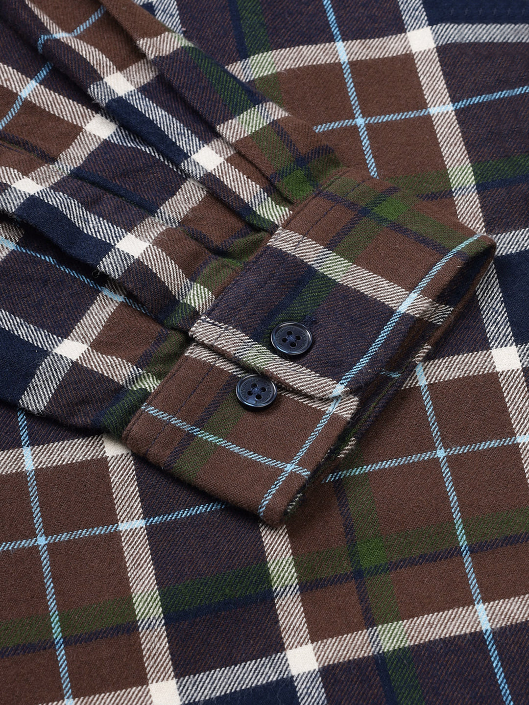 Men Brushed Flannel Navy Coffee and White Checkered Classic Fit Smart Casual Shirt