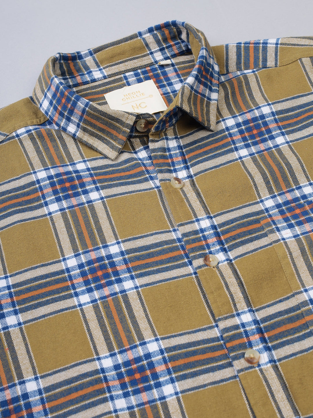 Men Brushed Flannel Khaki Navy and White Checkered Classic Fit Smart Casual Shirt