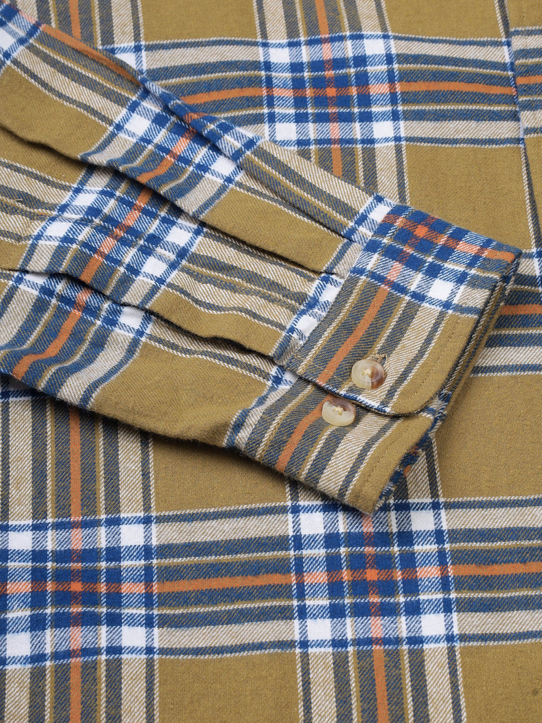 Men Brushed Flannel Khaki Navy and White Checkered Classic Fit Smart Casual Shirt