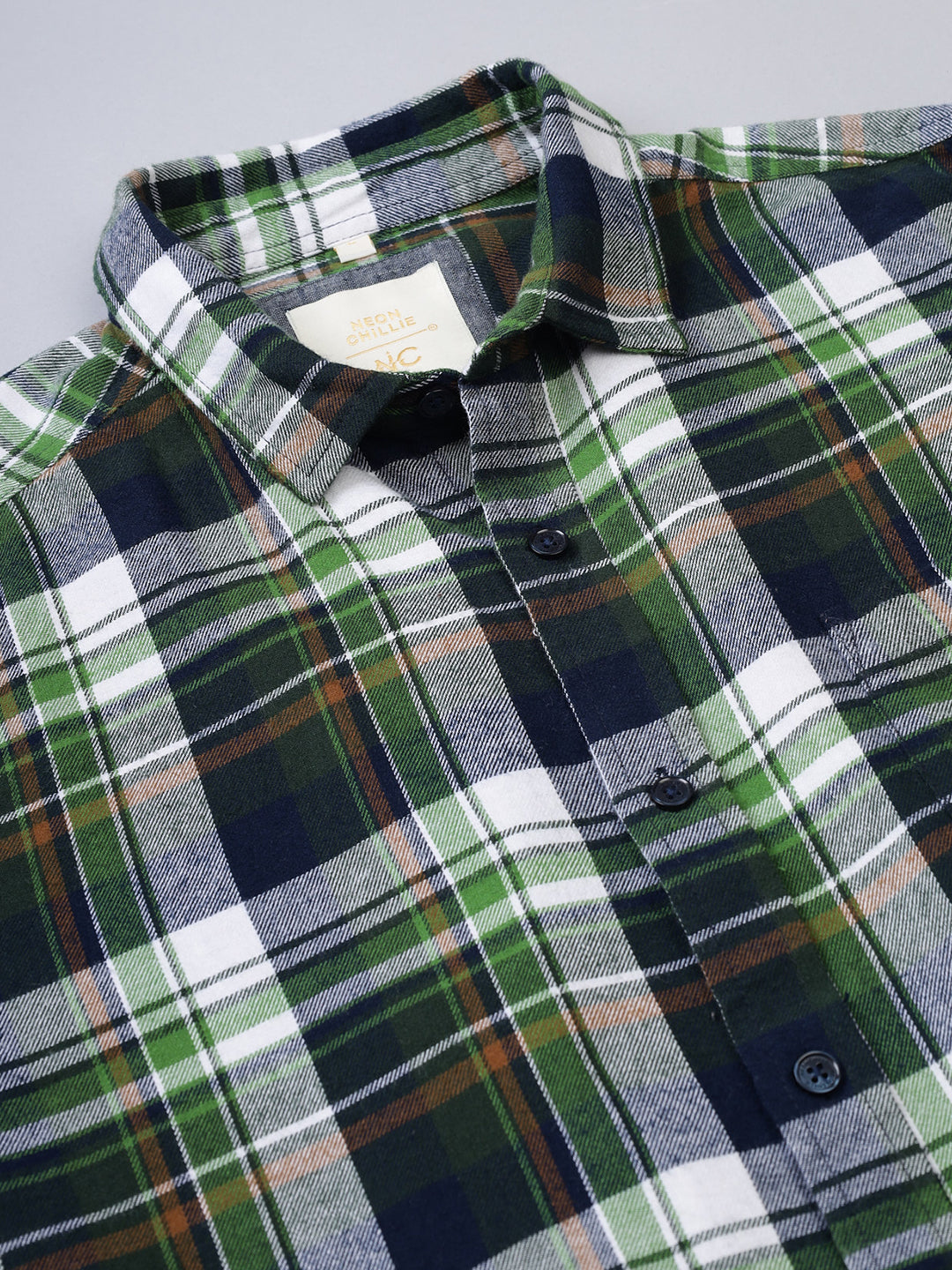 Men Brushed Flannel Dark Green, Navy and White Checkered Classic Fit Smart Casual Shirt