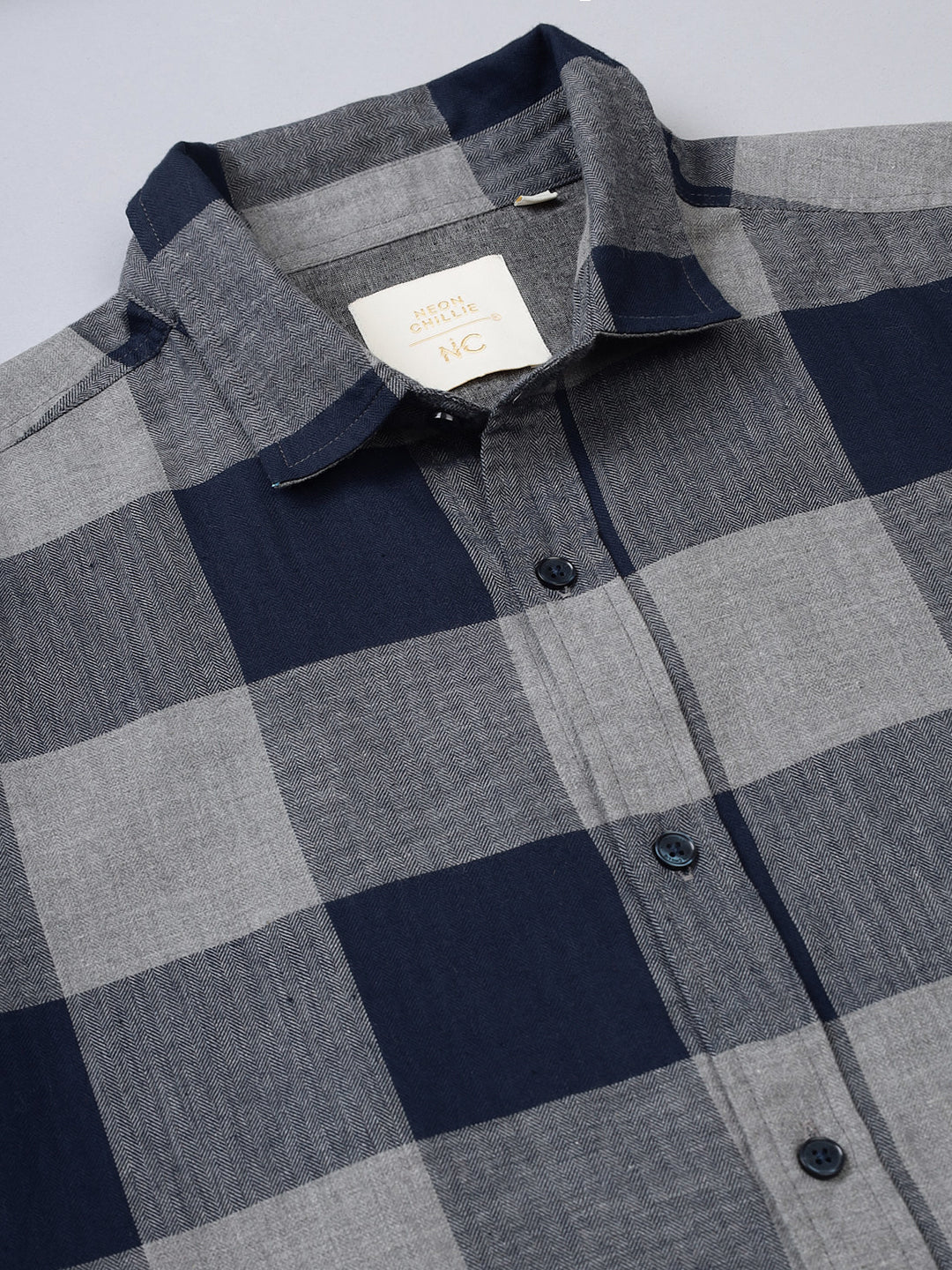 Men Navy and Grey Checkered Classic Fit Smart Casual Shirt