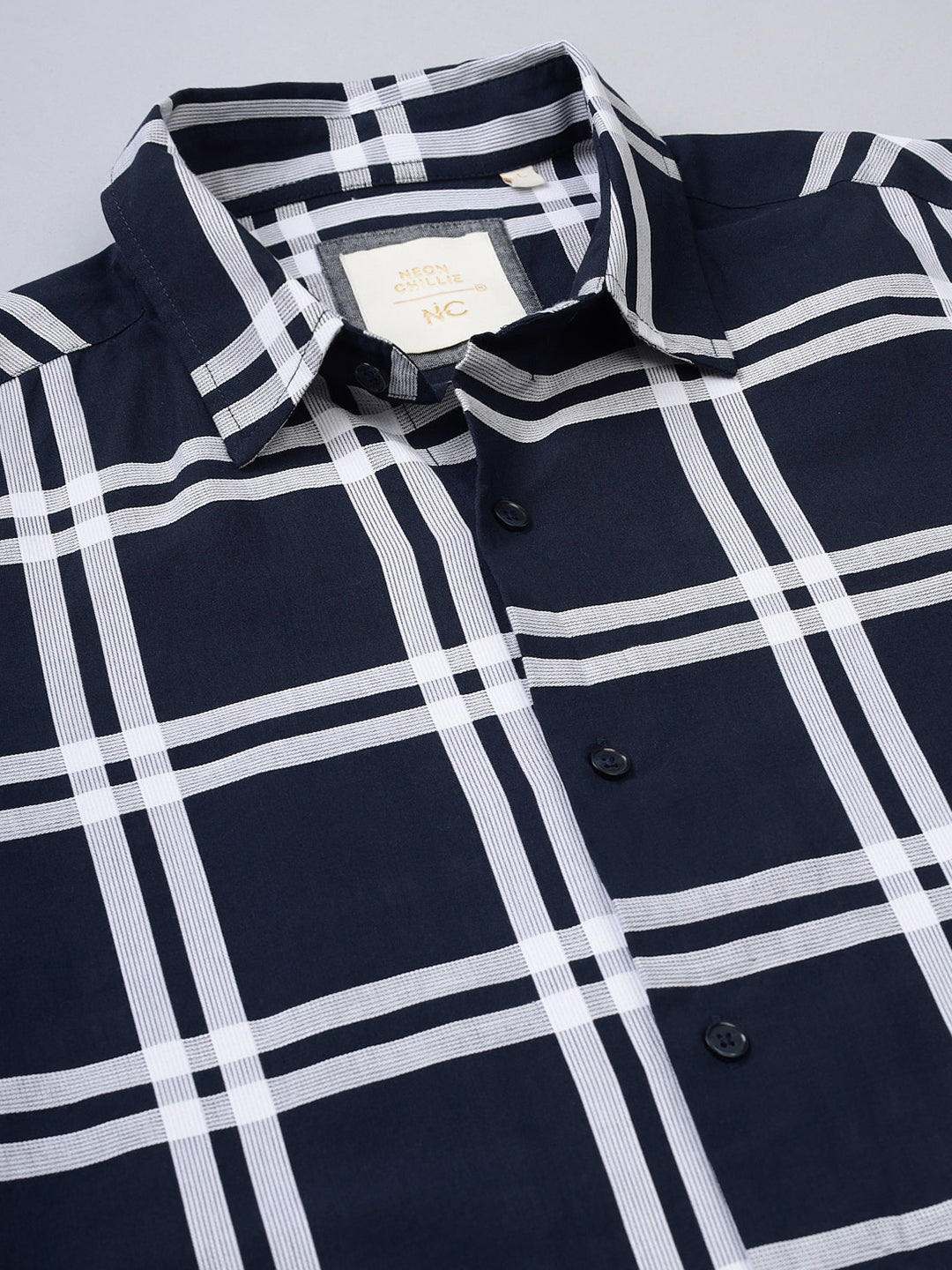 Men Navy and White Checkered Classic Fit Smart Casual Shirt