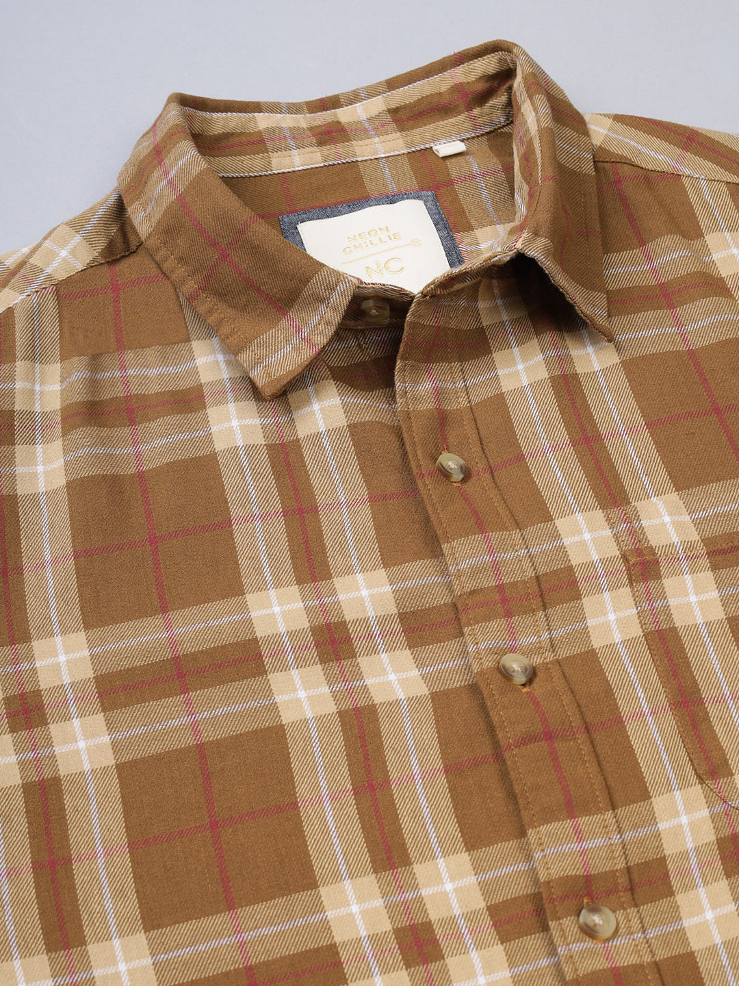Men Brushed Flannel Mustered and White Checkered Classic Fit Smart Casual Shirt