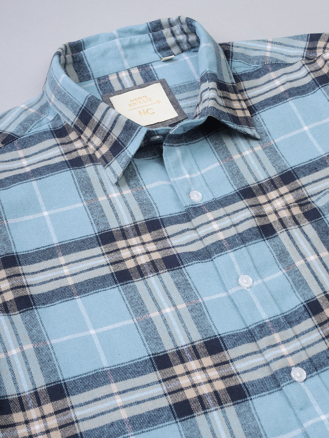 Men Brushed Flannel Sky Blue, Navy and White Checkered Classic Fit Smart Casual Shirt