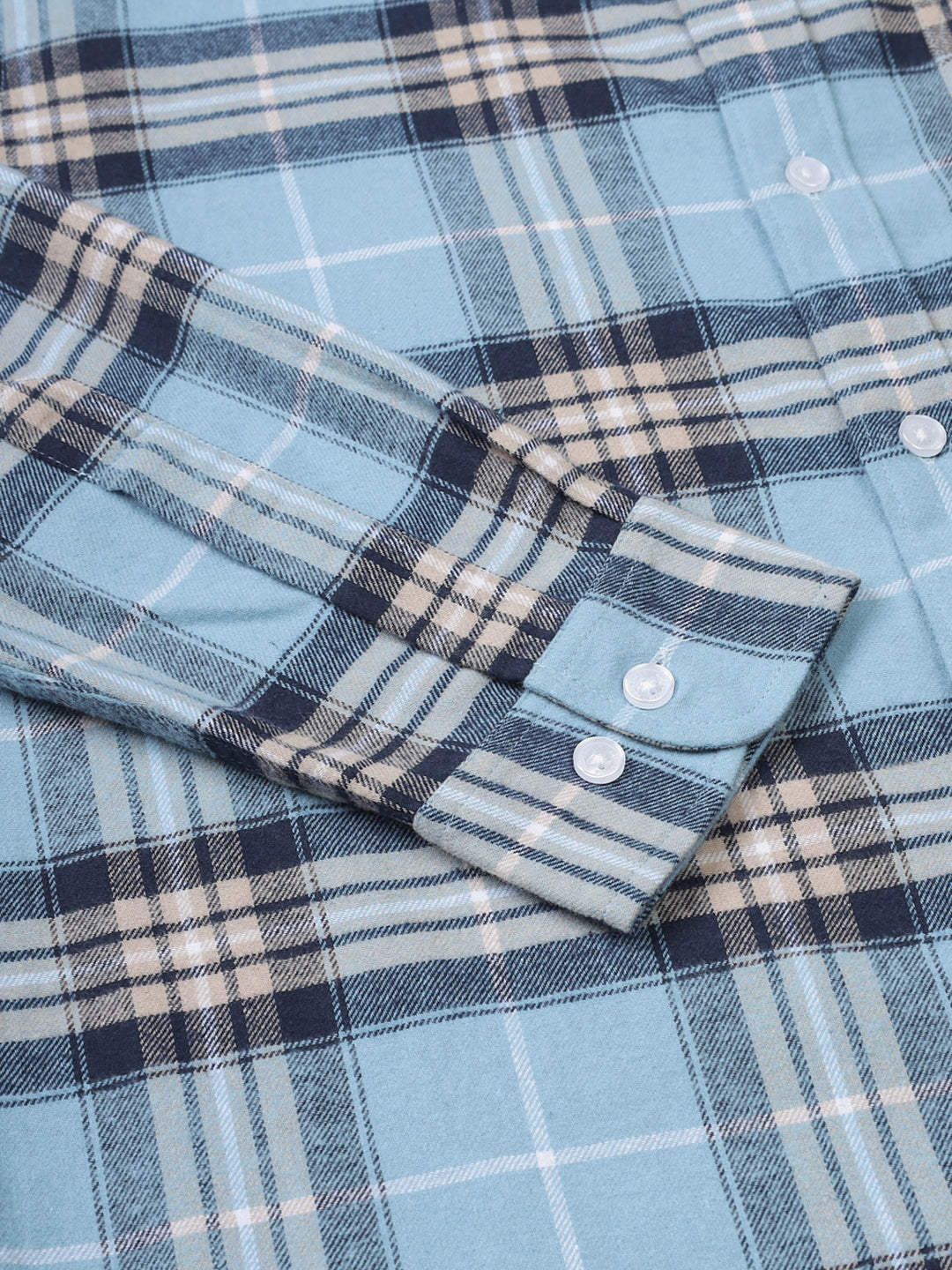 Men Brushed Flannel Sky Blue, Navy and White Checkered Classic Fit Smart Casual Shirt