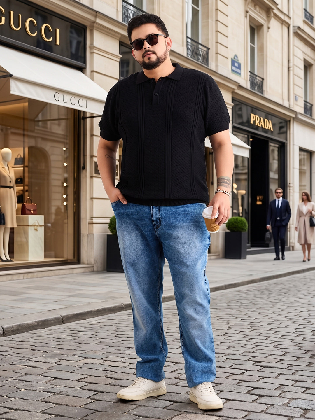 Neon Chillie Men's Plus Size Half Sleeve Polo Ribbed T Shirt - 144-Black