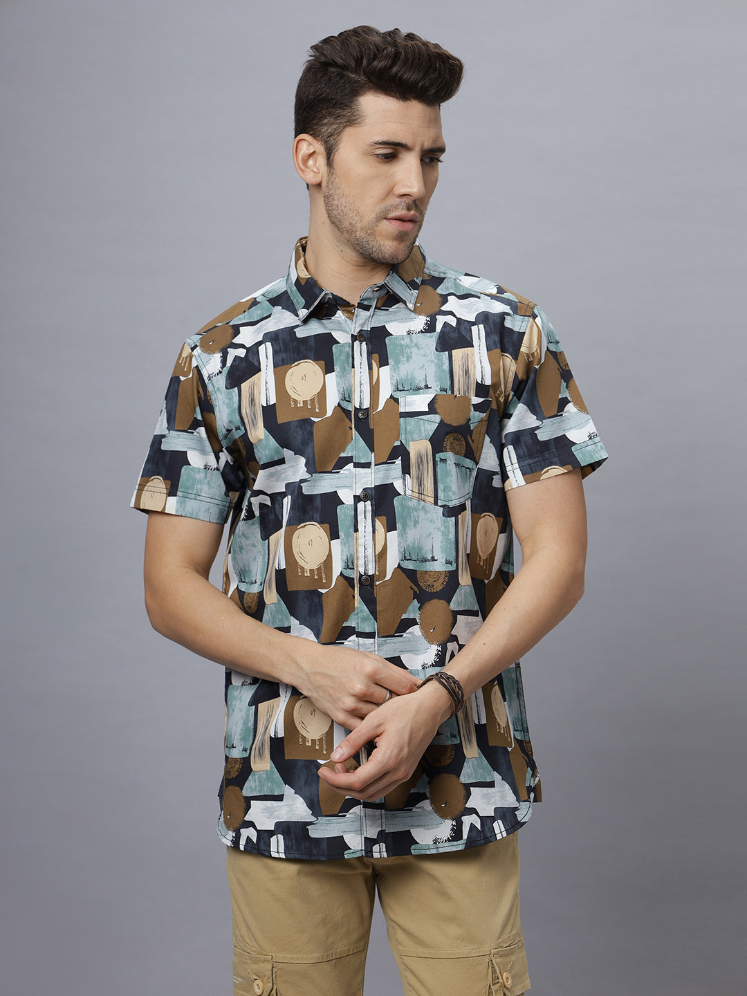 WOODSTONE | Half Sleeve Cutway Collar Printed Cotton Shirt ( NC-HS-503 )