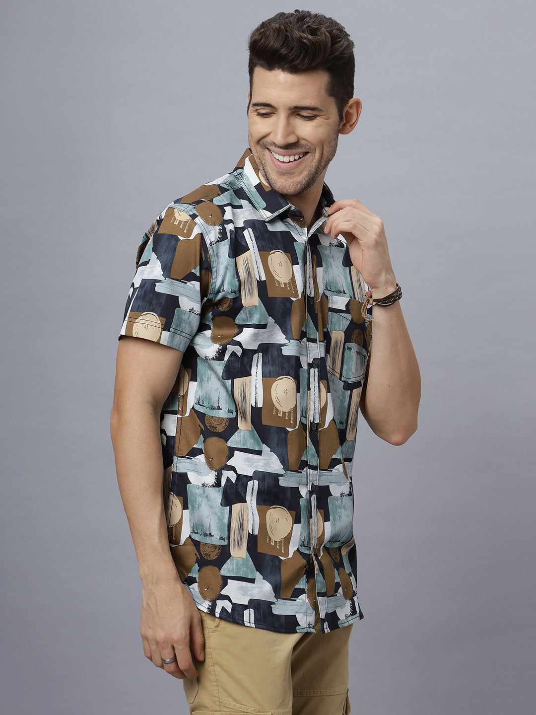WOODSTONE | Half Sleeve Cutway Collar Printed Cotton Shirt ( NC-HS-503 )