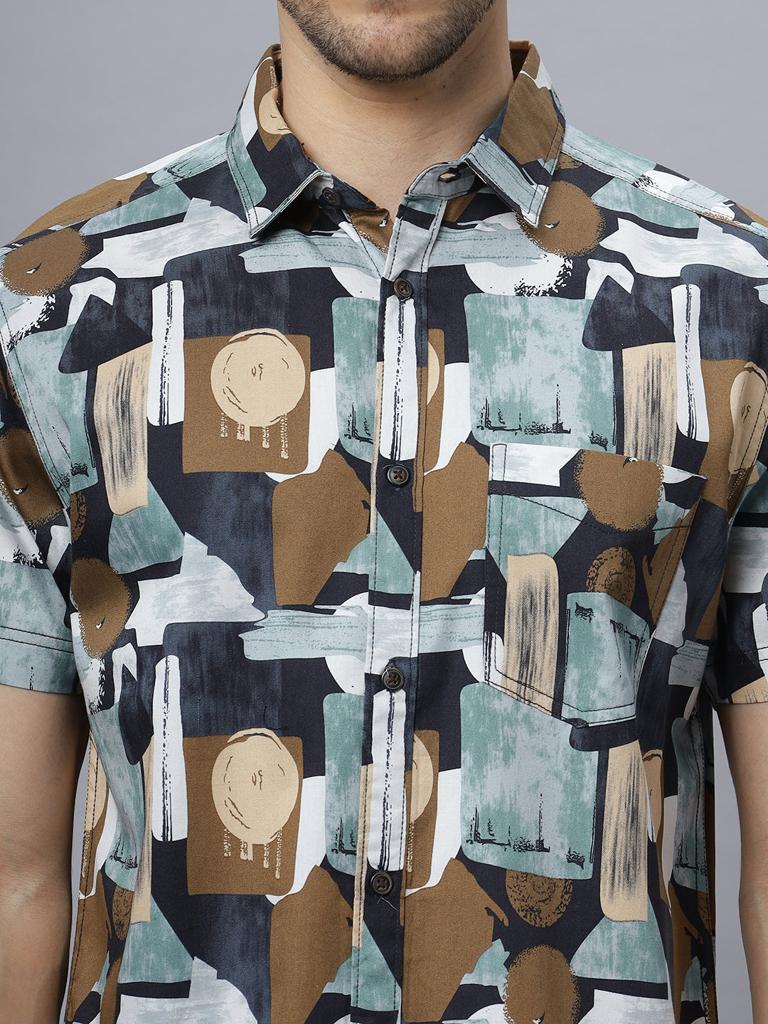 WOODSTONE | Half Sleeve Cutway Collar Printed Cotton Shirt ( NC-HS-503 )
