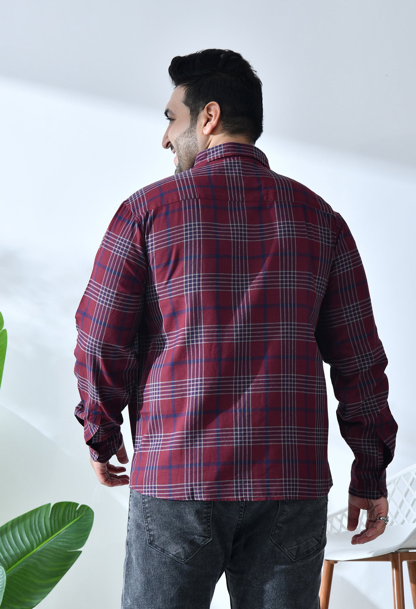 Men Brushed Flannel Maroon, Navy and White Checkered Classic Fit Pocket Smart Casual Shirt. Style - NC-1211