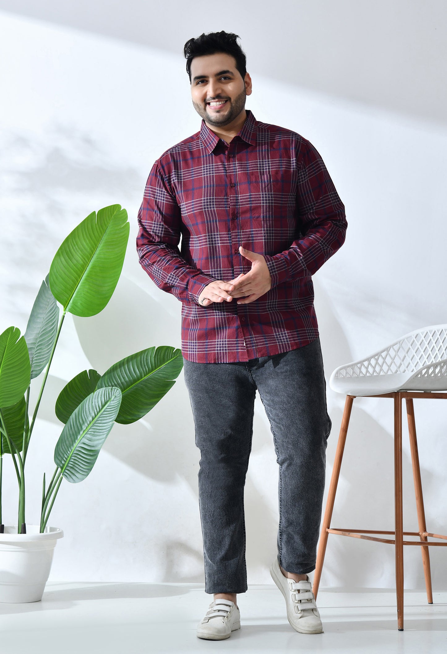 Men Brushed Flannel Maroon, Navy and White Checkered Classic Fit Pocket Smart Casual Shirt. Style - NC-1211