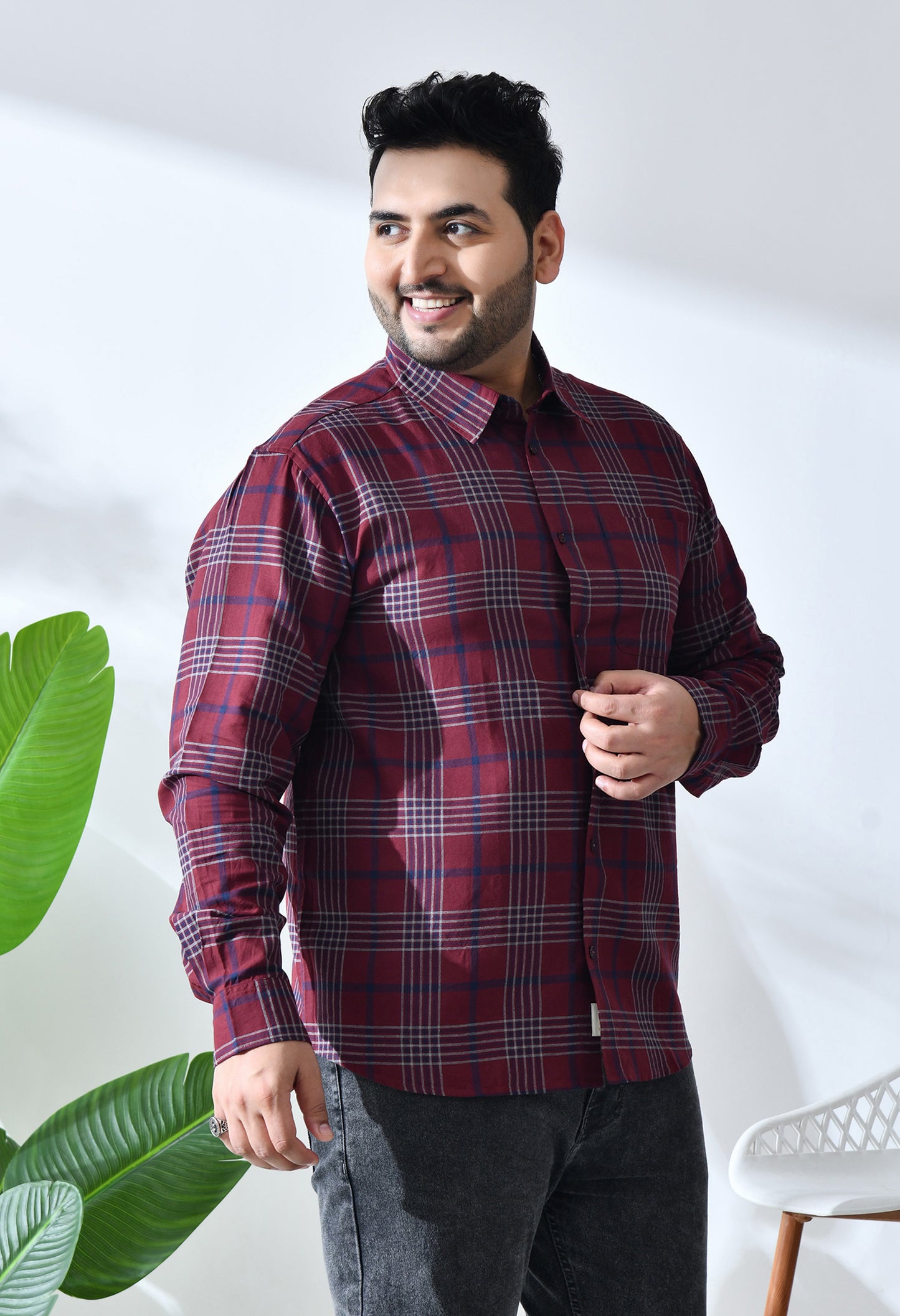 Men Brushed Flannel Maroon, Navy and White Checkered Classic Fit Pocket Smart Casual Shirt. Style - NC-1211