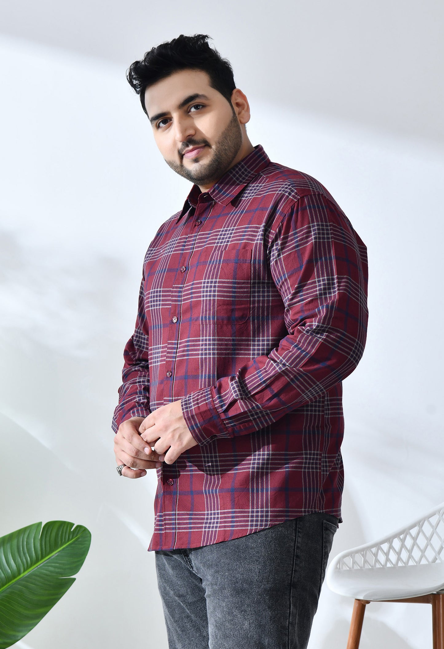 Men Brushed Flannel Maroon, Navy and White Checkered Classic Fit Pocket Smart Casual Shirt. Style - NC-1211