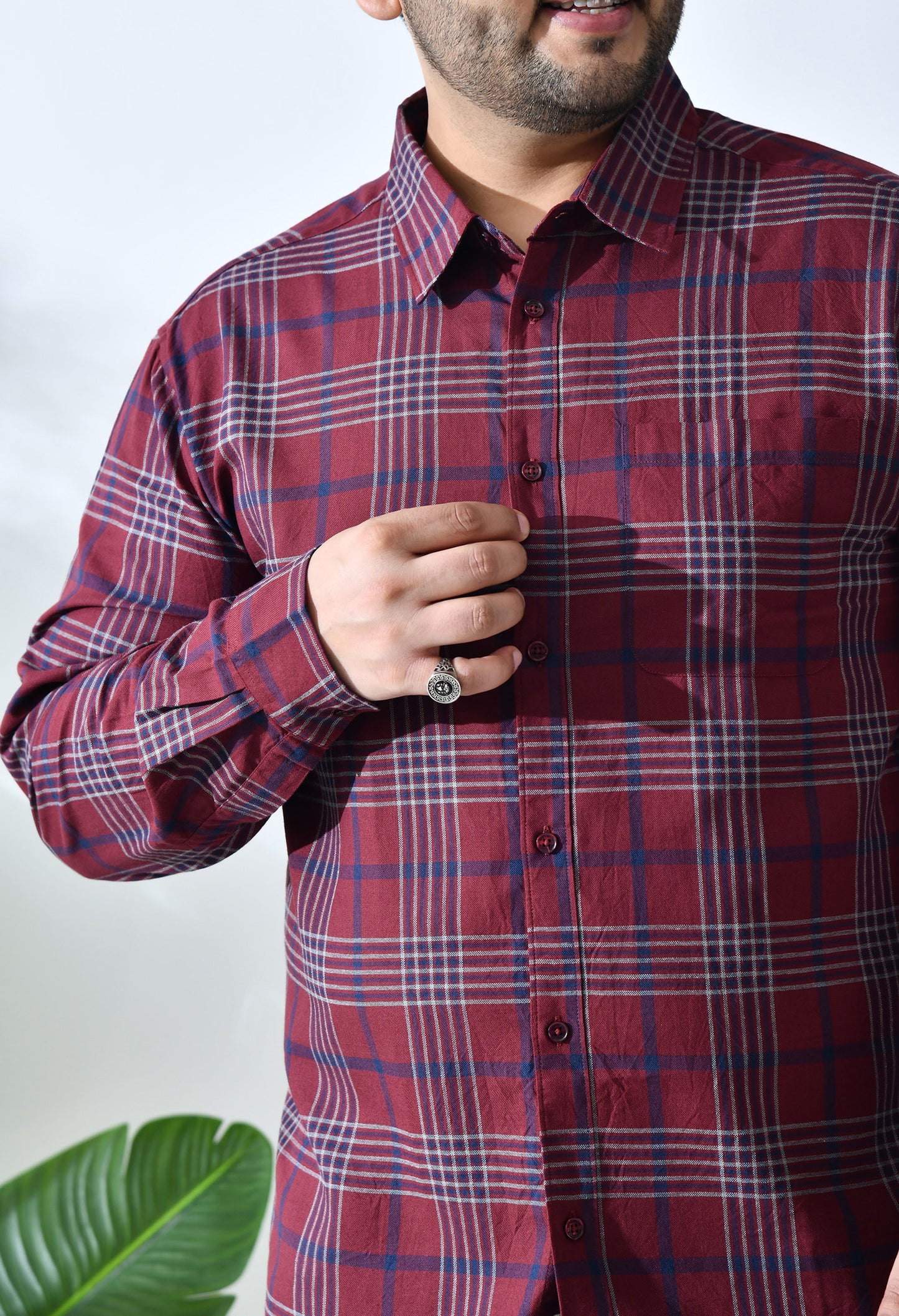 Men Brushed Flannel Maroon, Navy and White Checkered Classic Fit Pocket Smart Casual Shirt. Style - NC-1211