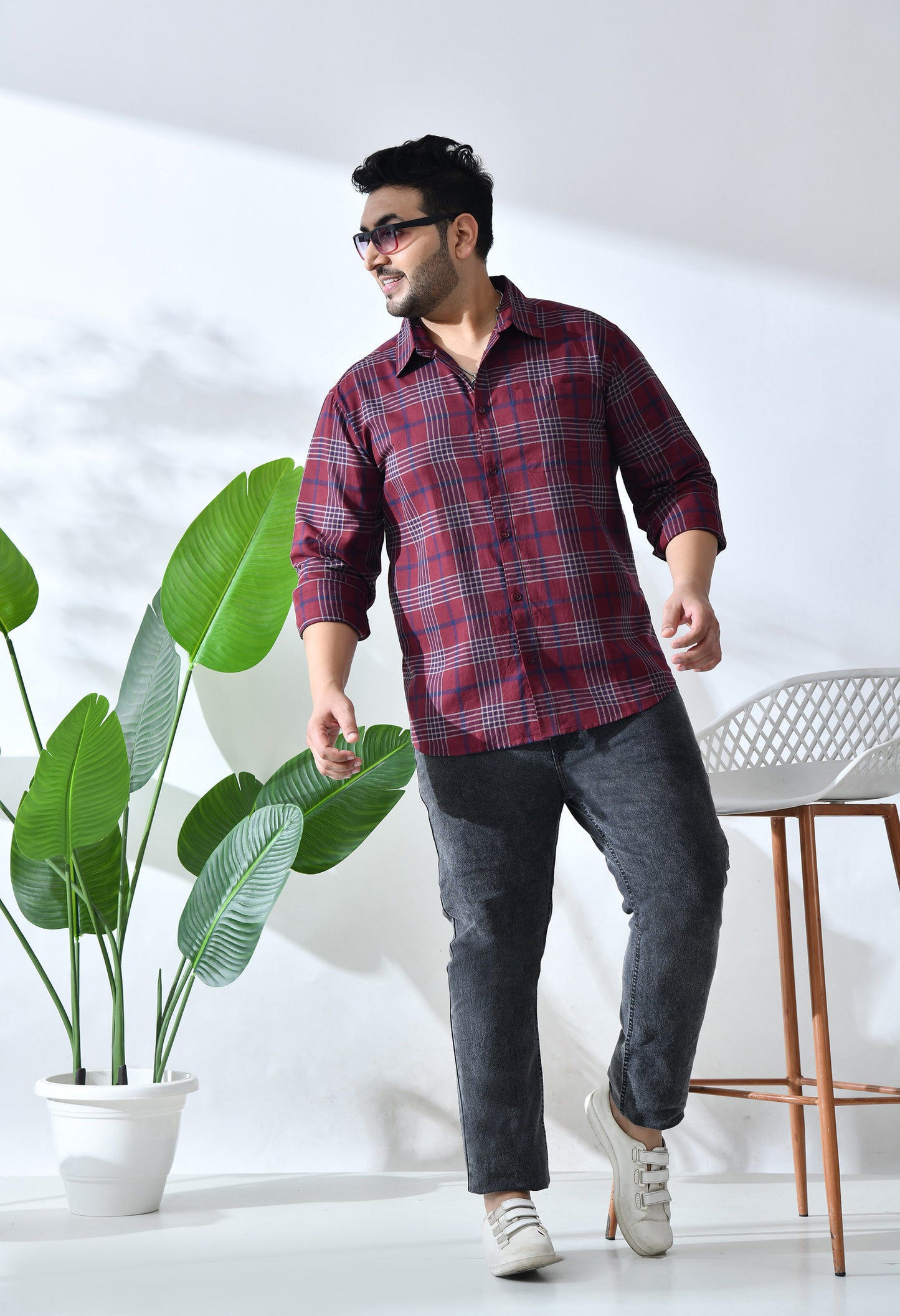 Men Brushed Flannel Maroon, Navy and White Checkered Classic Fit Pocket Smart Casual Shirt. Style - NC-1211