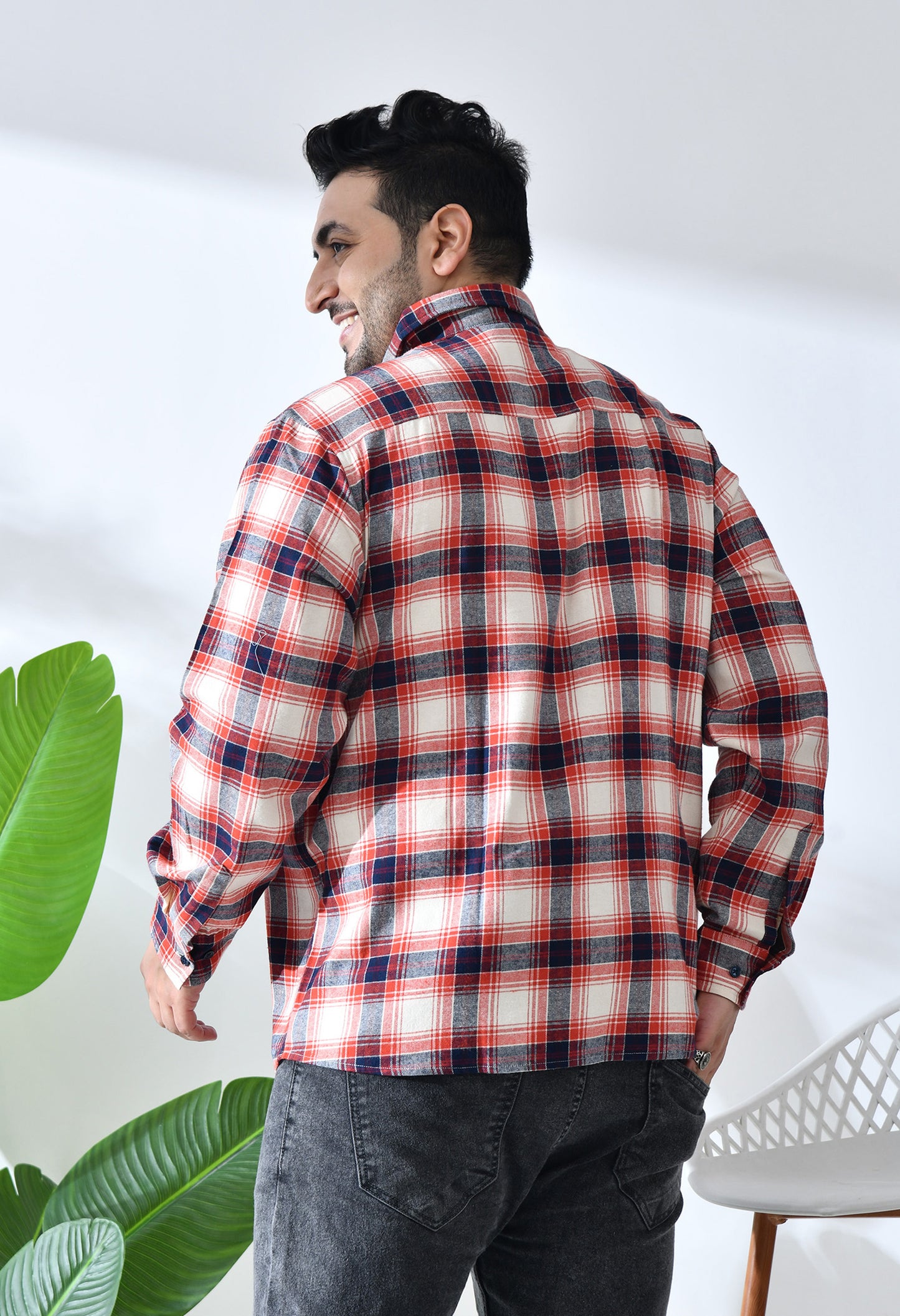 Men Brushed Flannel Orange Navy and Beige Checkered Classic Fit 1 Pocket Smart Casual Shirt