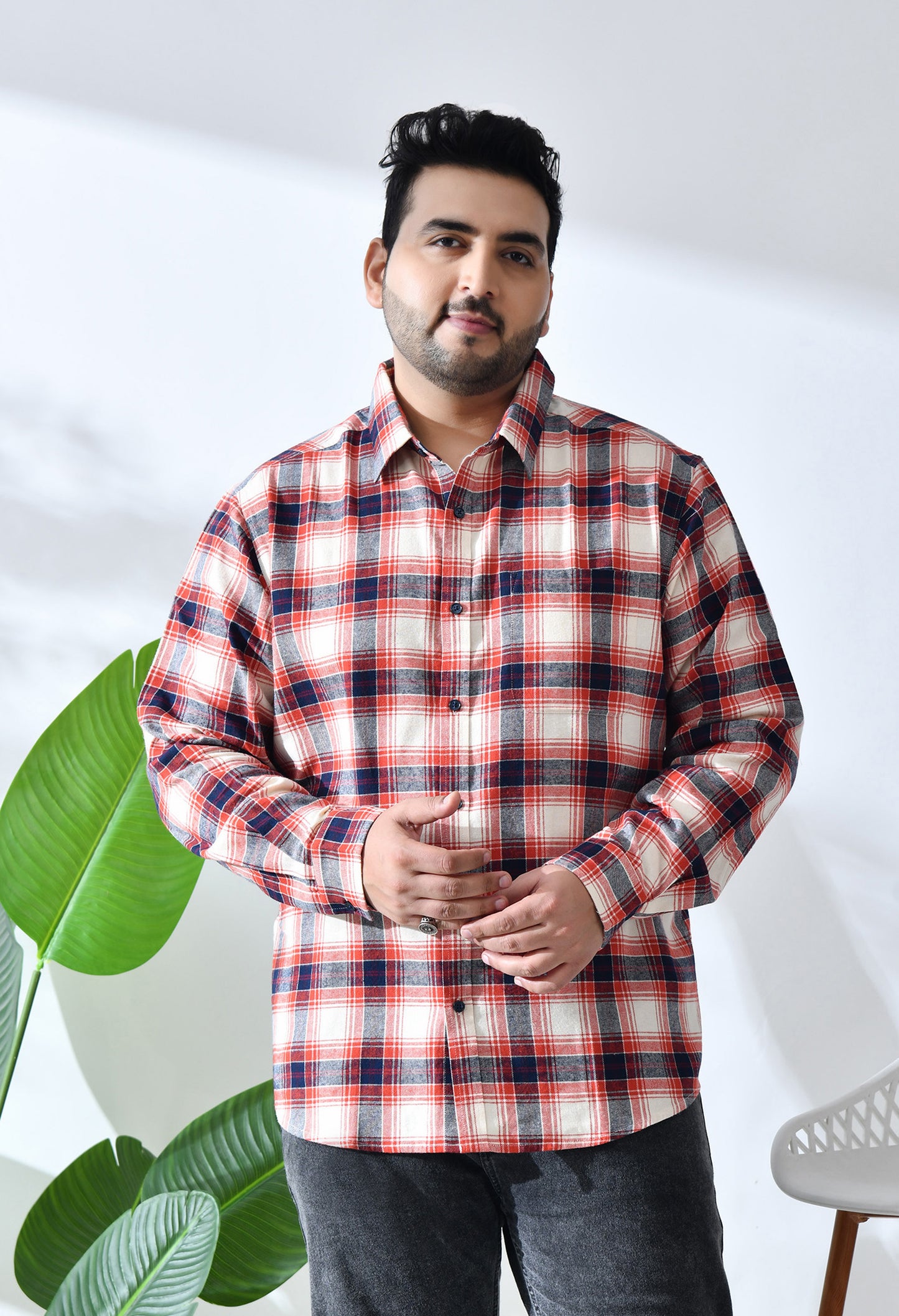 Men Brushed Flannel Orange Navy and Beige Checkered Classic Fit 1 Pocket Smart Casual Shirt