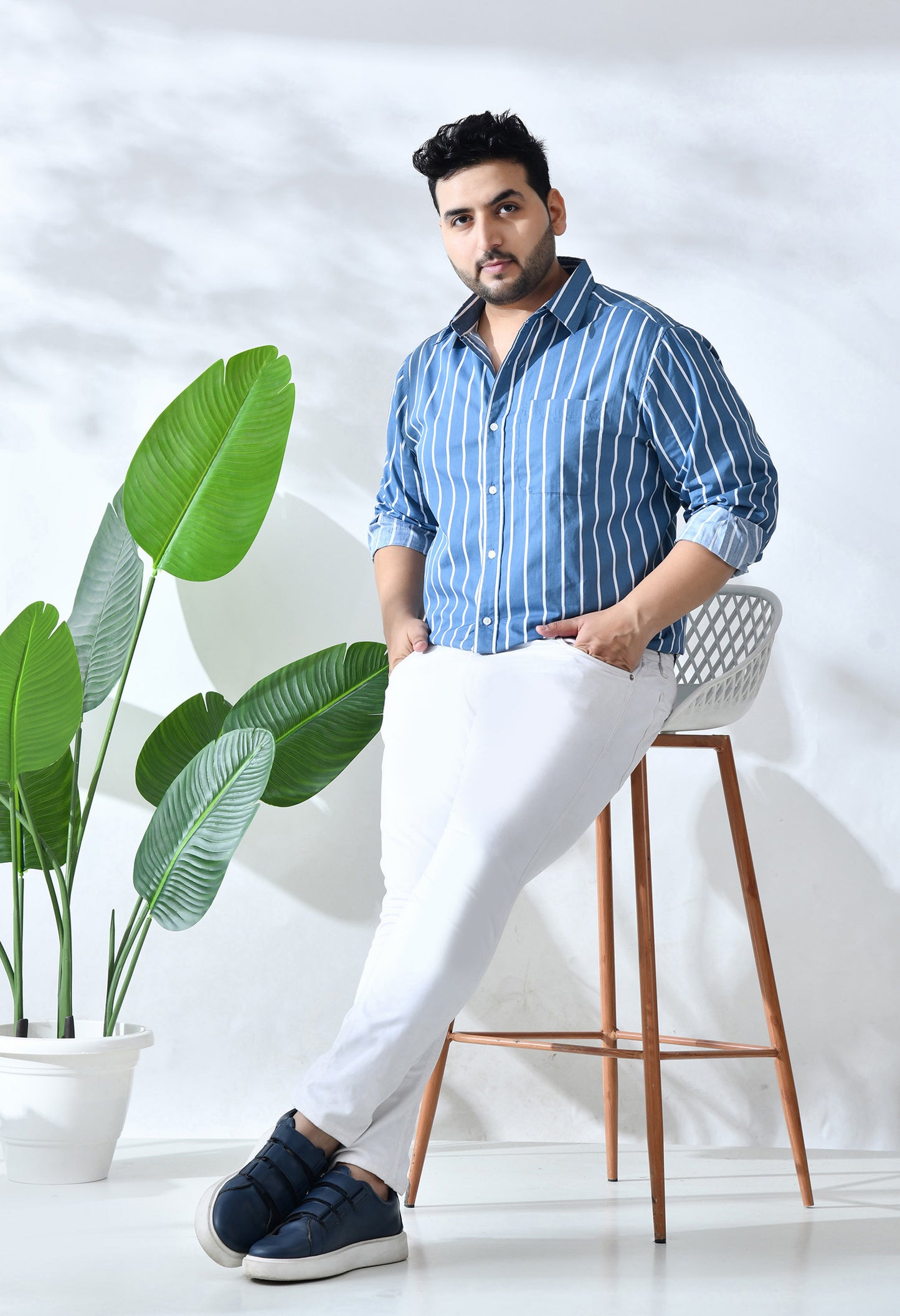 Men Cotton Blue and White Stripes Classic Fit Pocket Smart Casual Shirt