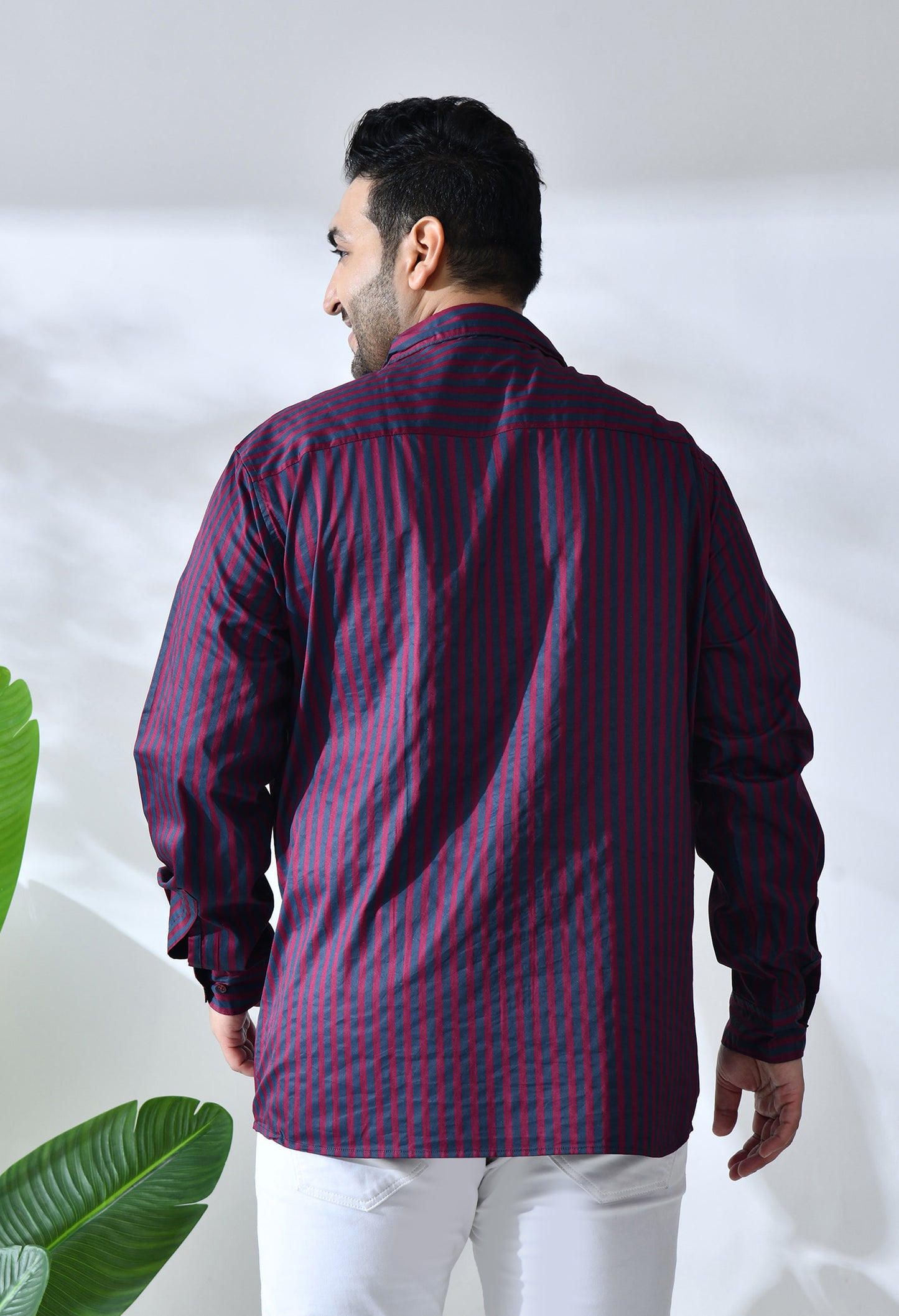 Men Cotton Maroon and Grey Stripes Classic Fit Pocket Smart Casual Shirt