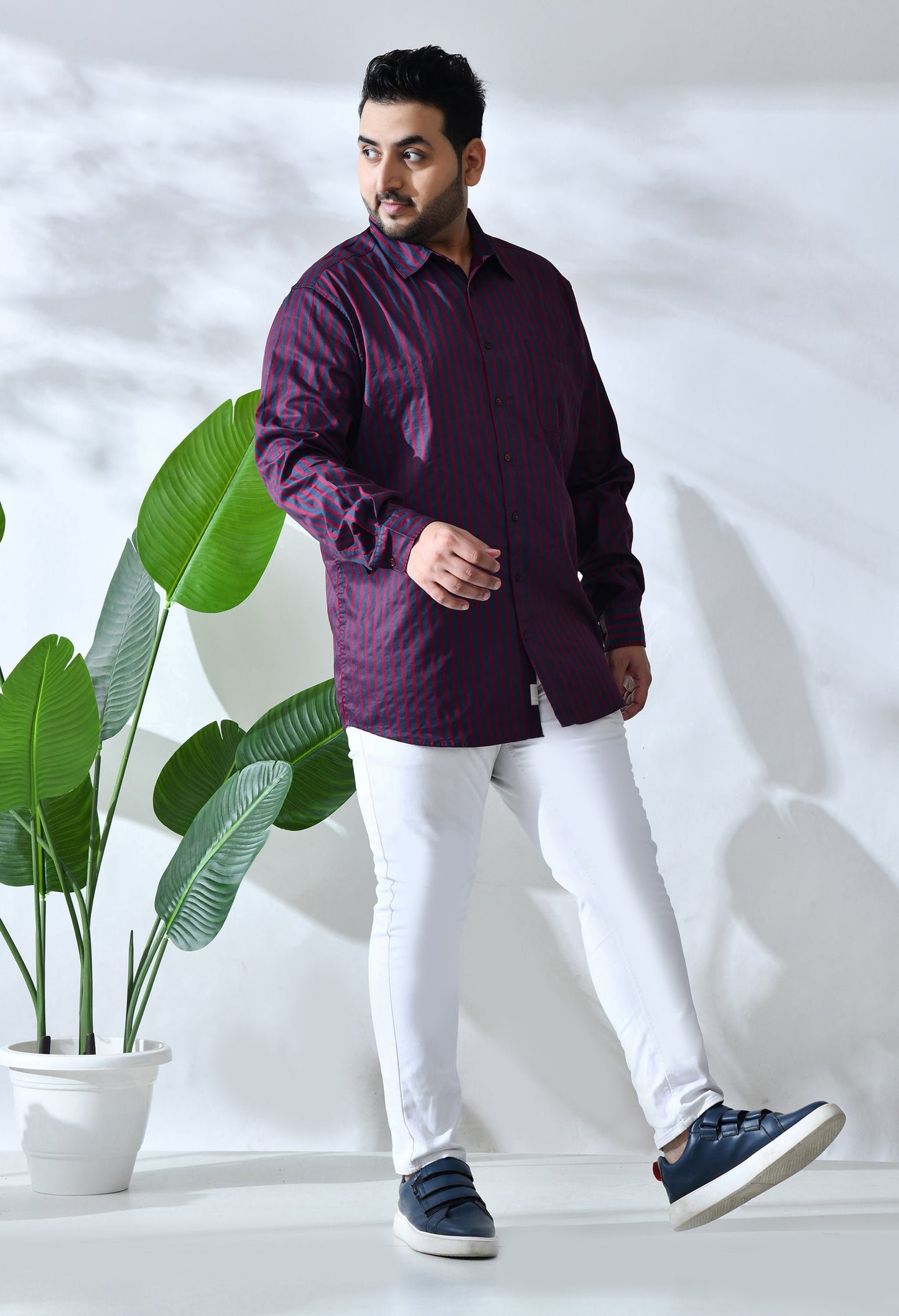 Men Cotton Maroon and Grey Stripes Classic Fit Pocket Smart Casual Shirt
