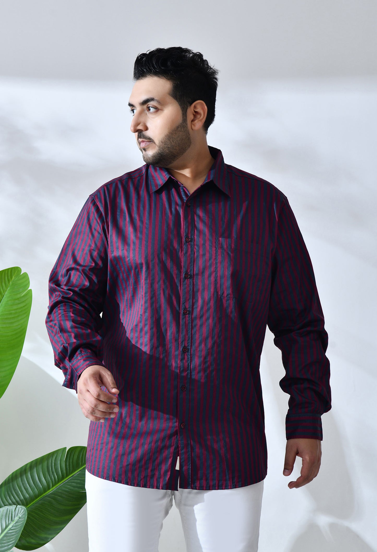 Men Cotton Maroon and Grey Stripes Classic Fit Pocket Smart Casual Shirt