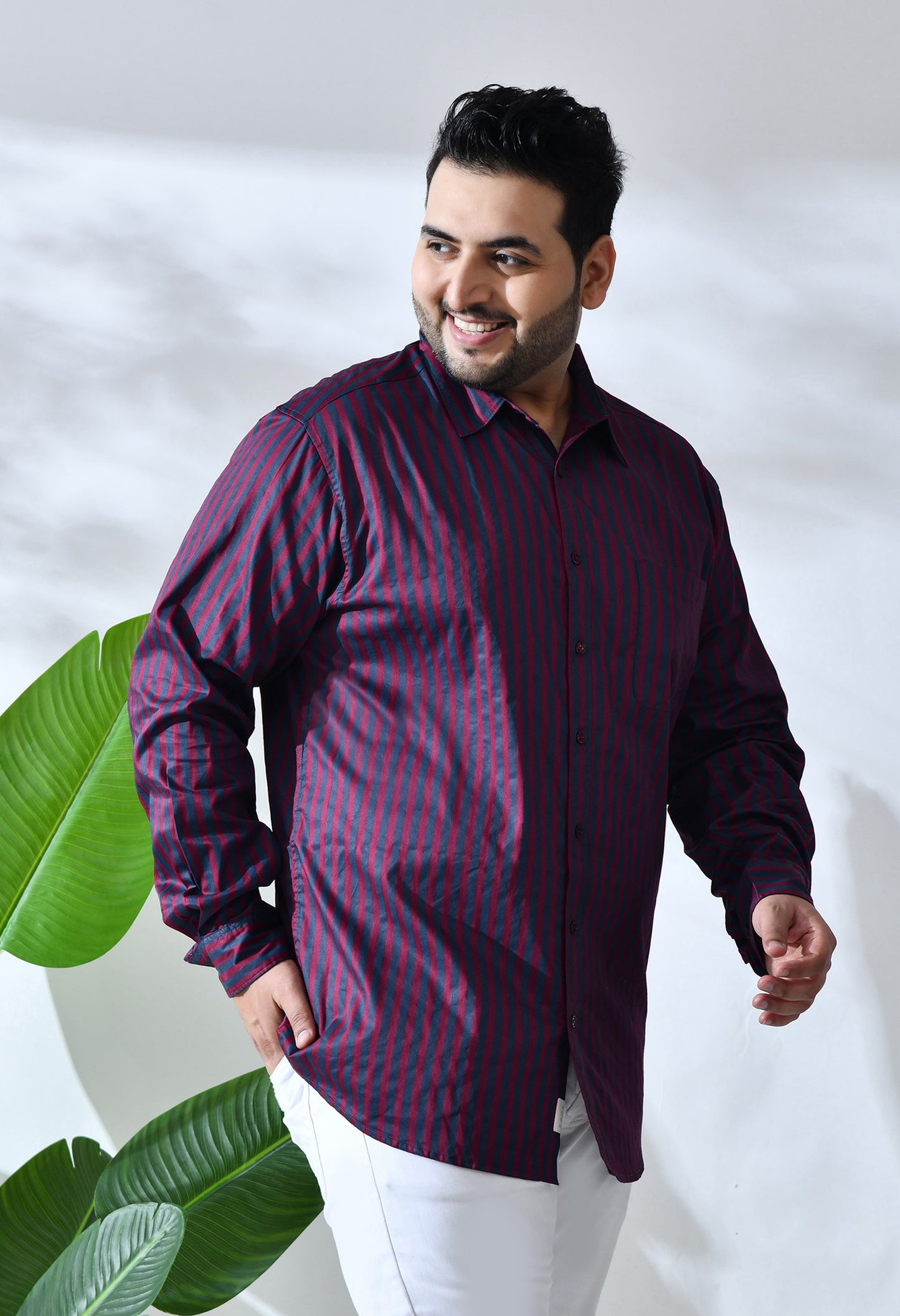 Men Cotton Maroon and Grey Stripes Classic Fit Pocket Smart Casual Shirt