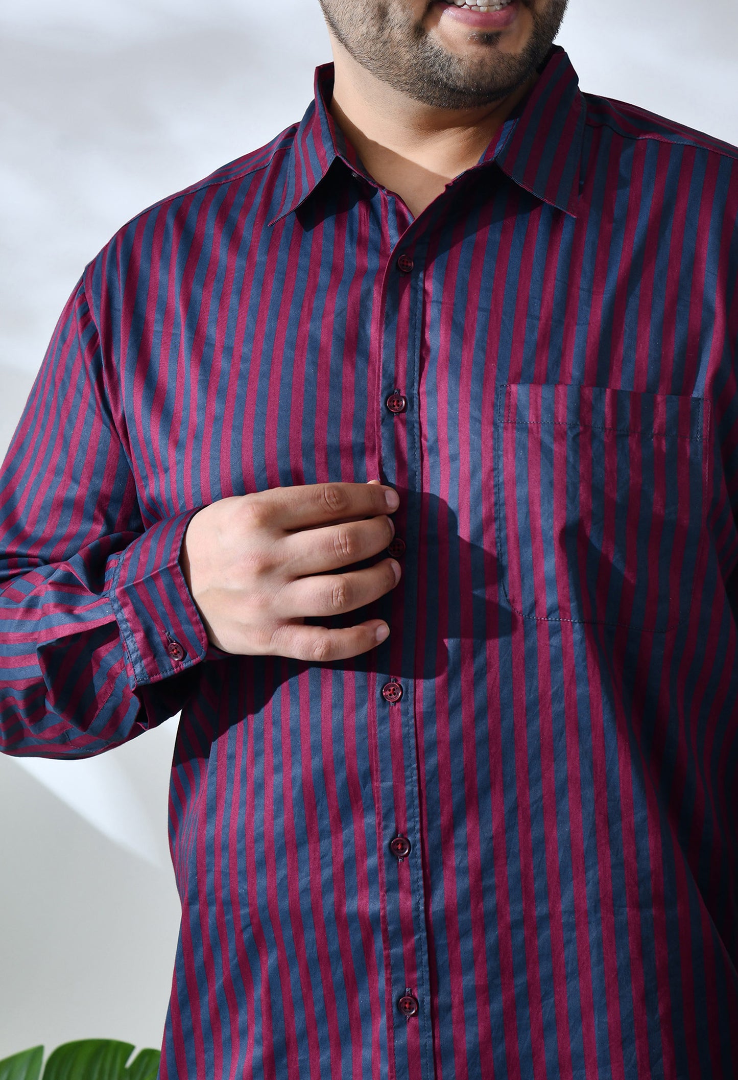 Men Cotton Maroon and Grey Stripes Classic Fit Pocket Smart Casual Shirt