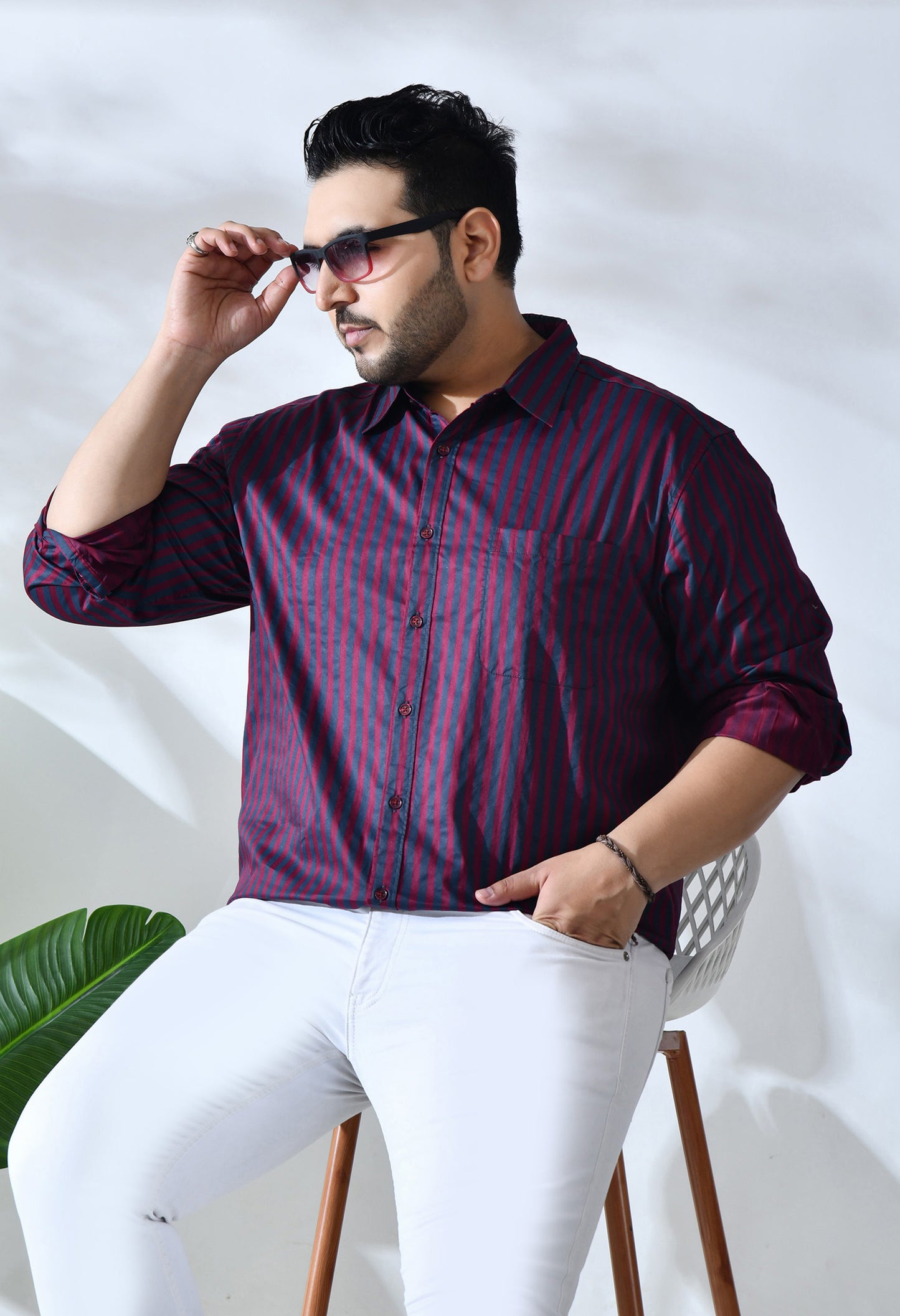 Men Cotton Maroon and Grey Stripes Classic Fit Pocket Smart Casual Shirt