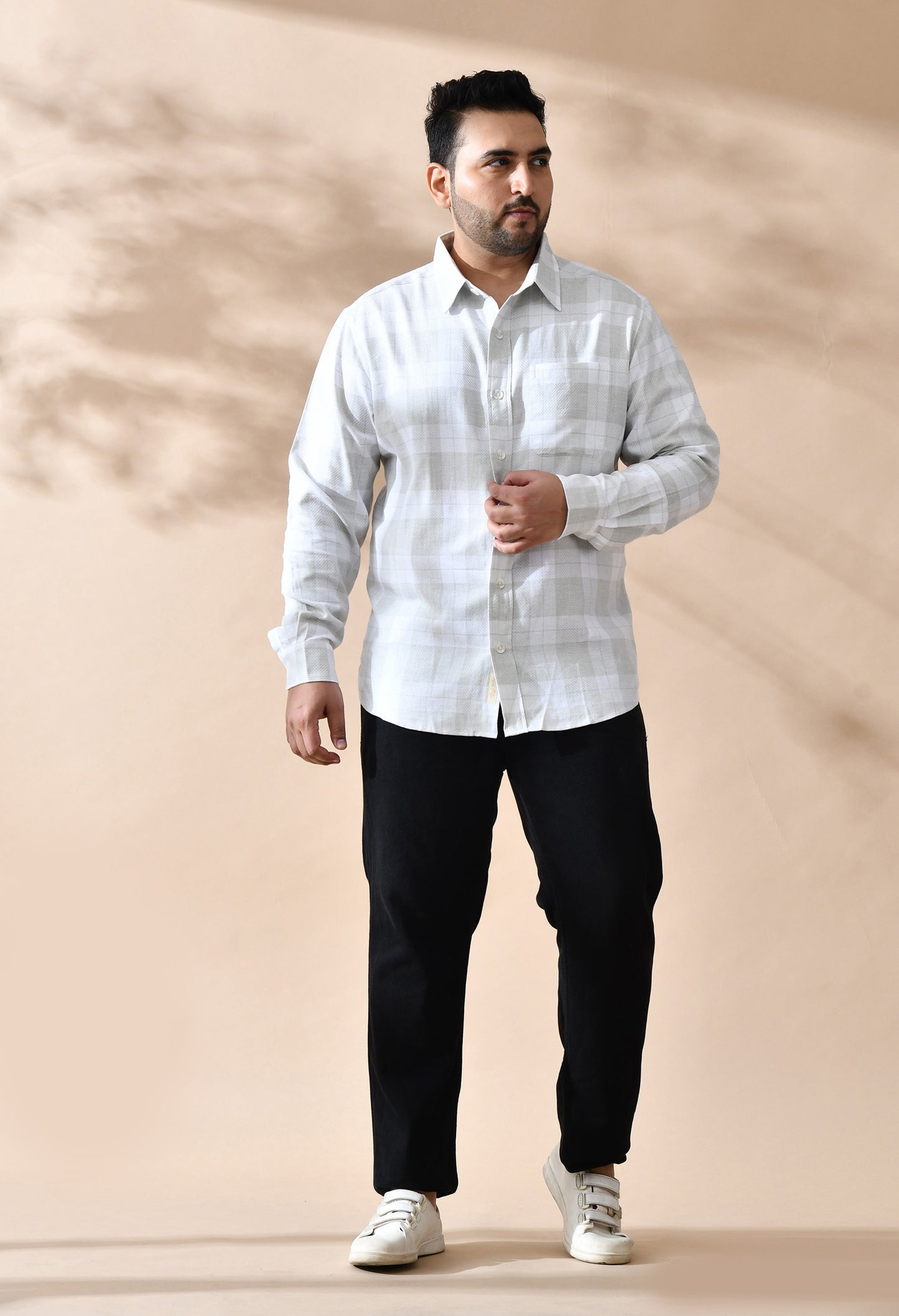 Men Cotton Light Olive Green and White Pestal Shade Checkered Classic Fit Pocket Smart Casual Shirt