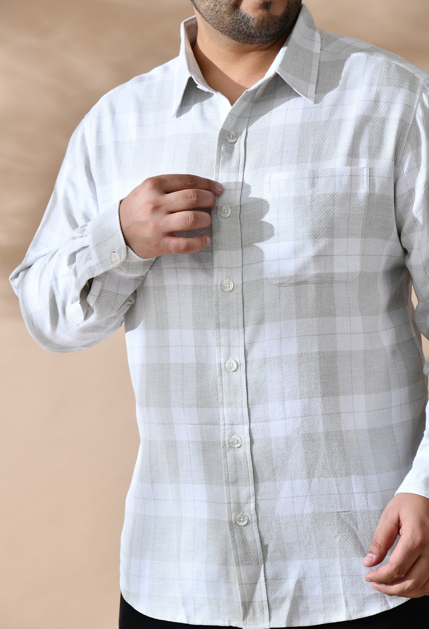 Men Cotton Light Olive Green and White Pestal Shade Checkered Classic Fit Pocket Smart Casual Shirt