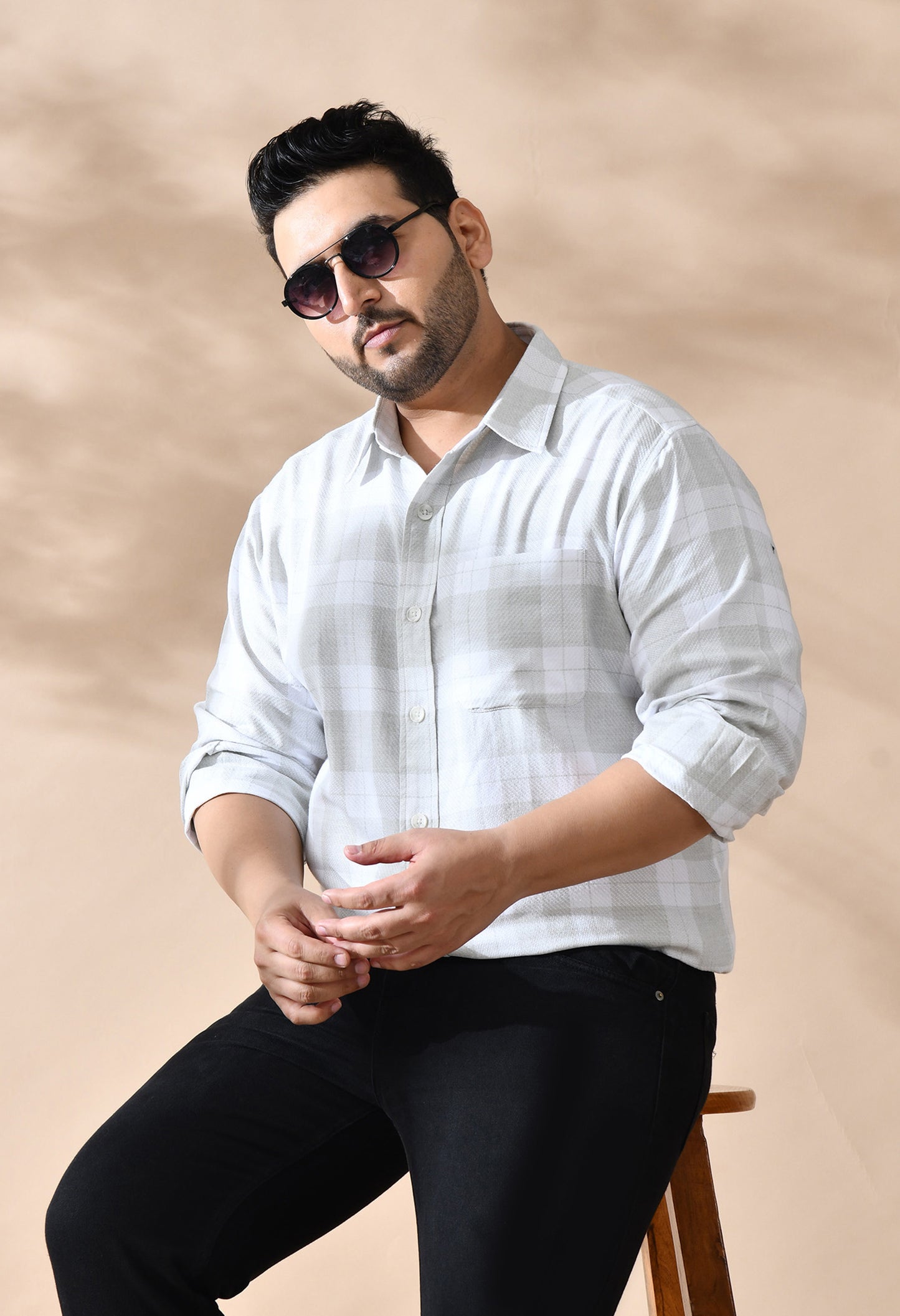 Men Cotton Light Olive Green and White Pestal Shade Checkered Classic Fit Pocket Smart Casual Shirt