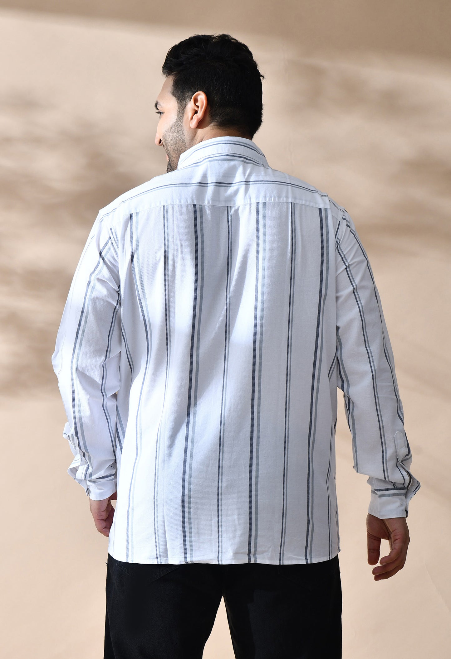 Men Cotton White and Grey Stripes Classic Fit Pocket Smart Casual Shirt