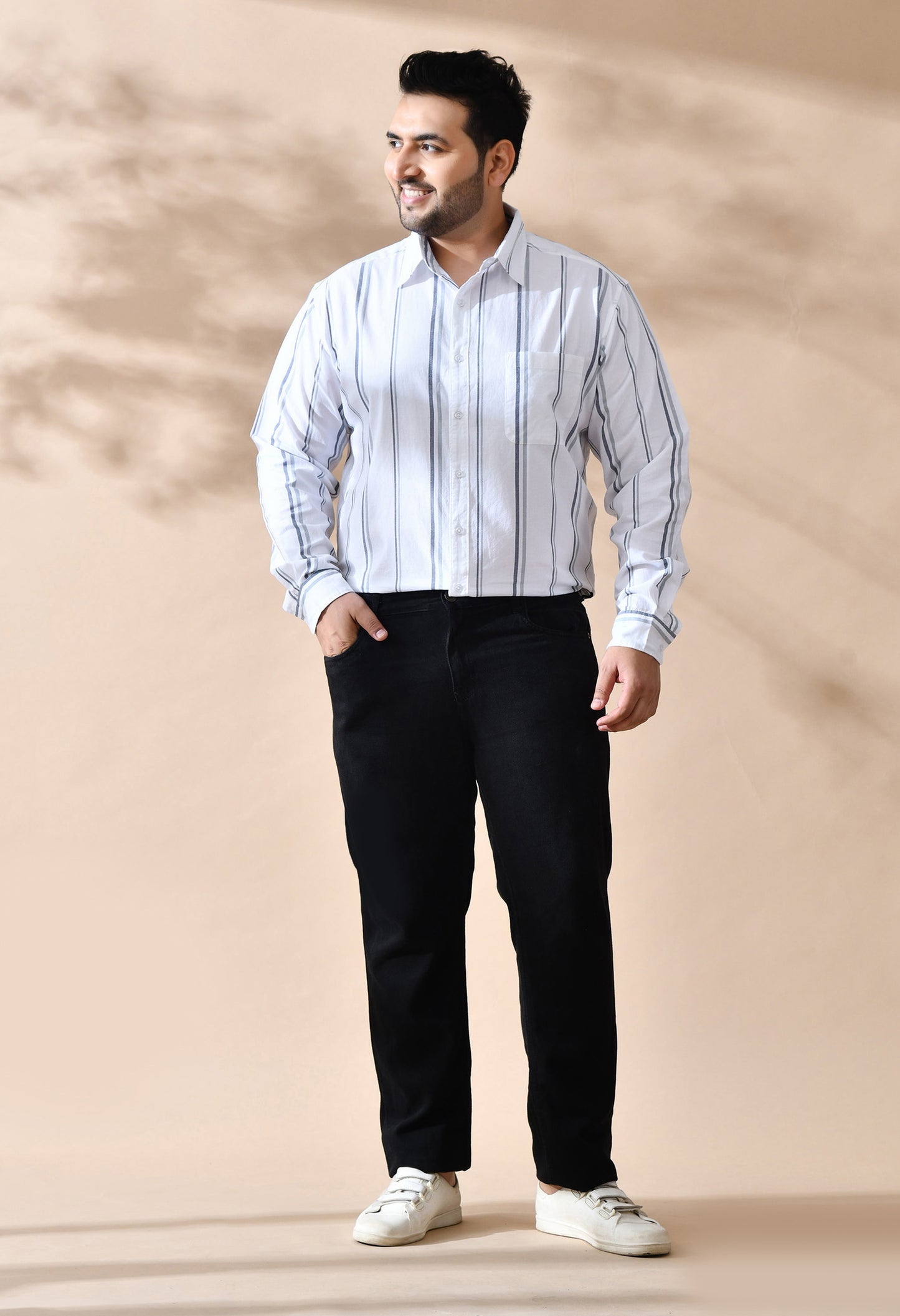 Men Cotton White and Grey Stripes Classic Fit Pocket Smart Casual Shirt