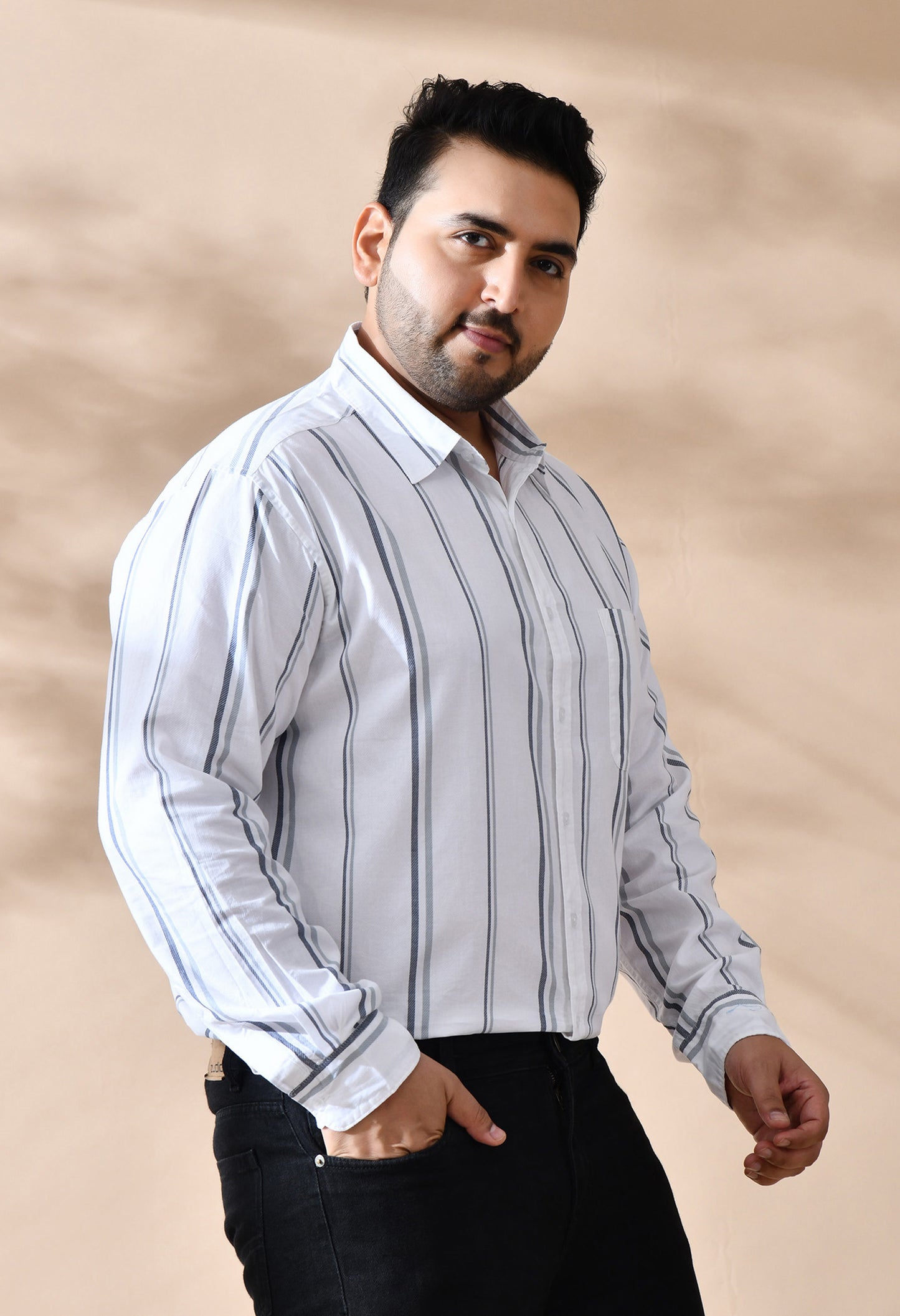 Men Cotton White and Grey Stripes Classic Fit Pocket Smart Casual Shirt