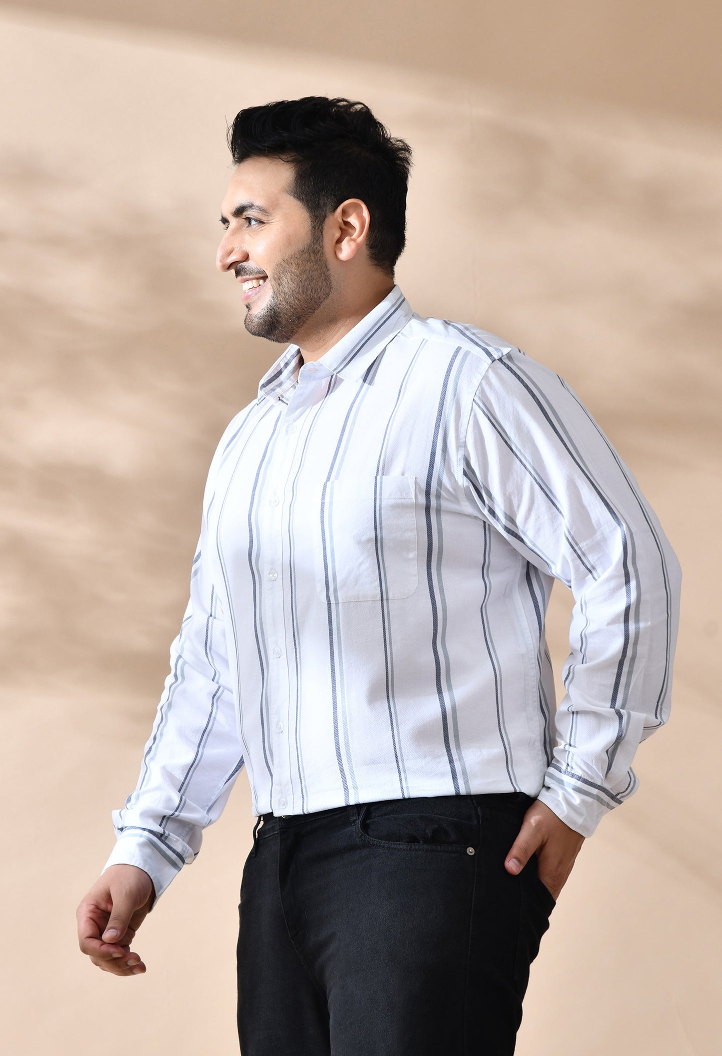 Men Cotton White and Grey Stripes Classic Fit Pocket Smart Casual Shirt