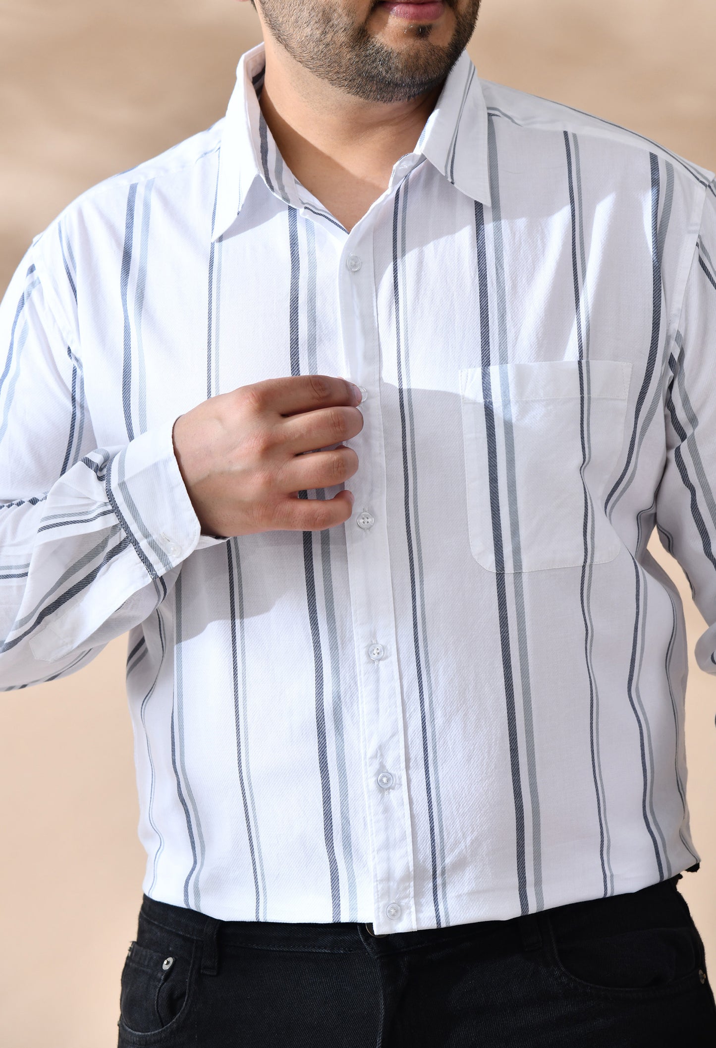 Men Cotton White and Grey Stripes Classic Fit Pocket Smart Casual Shirt