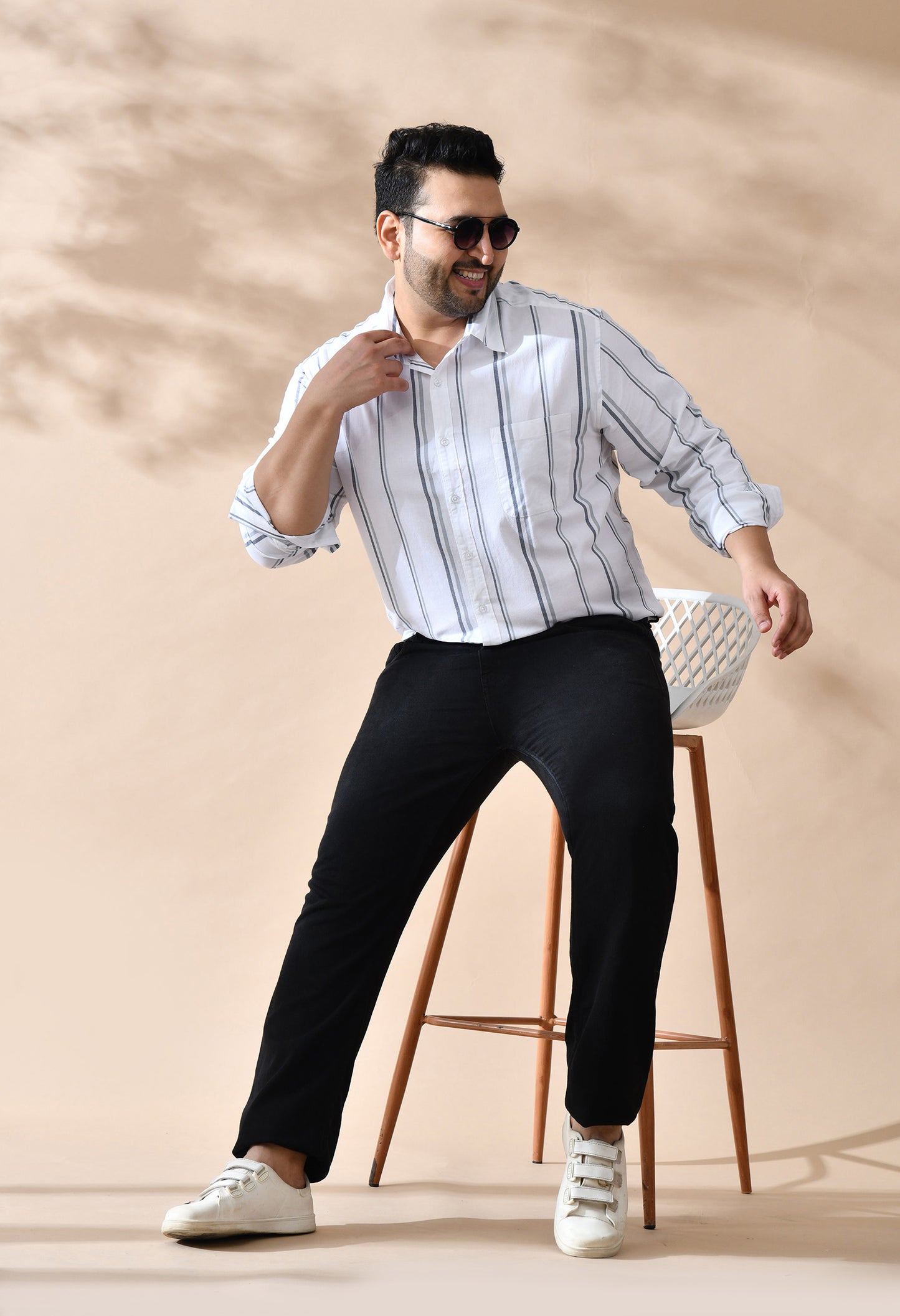 Men Cotton White and Grey Stripes Classic Fit Pocket Smart Casual Shirt